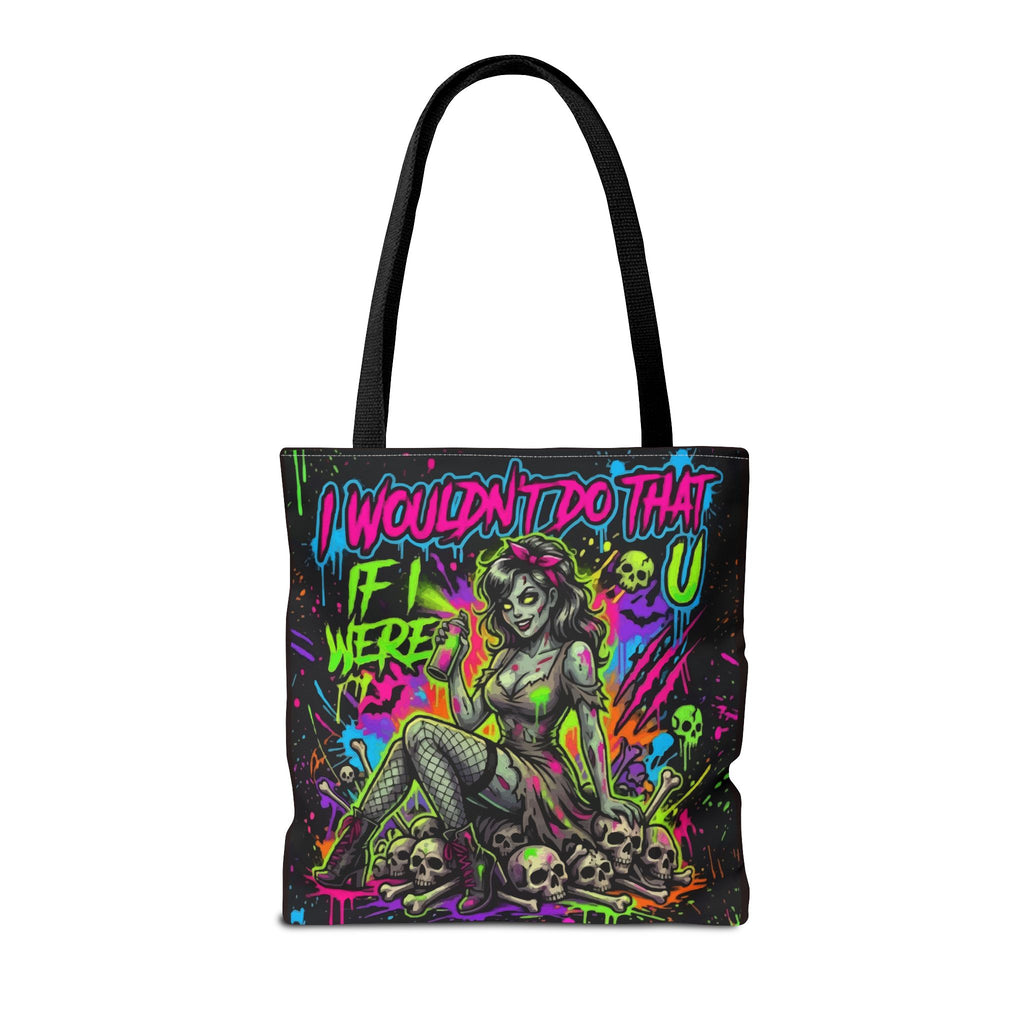 Zombie Pin-Up Tote Bag — "I Wouldn't Do That If I Were U" Neon Horror Graphic