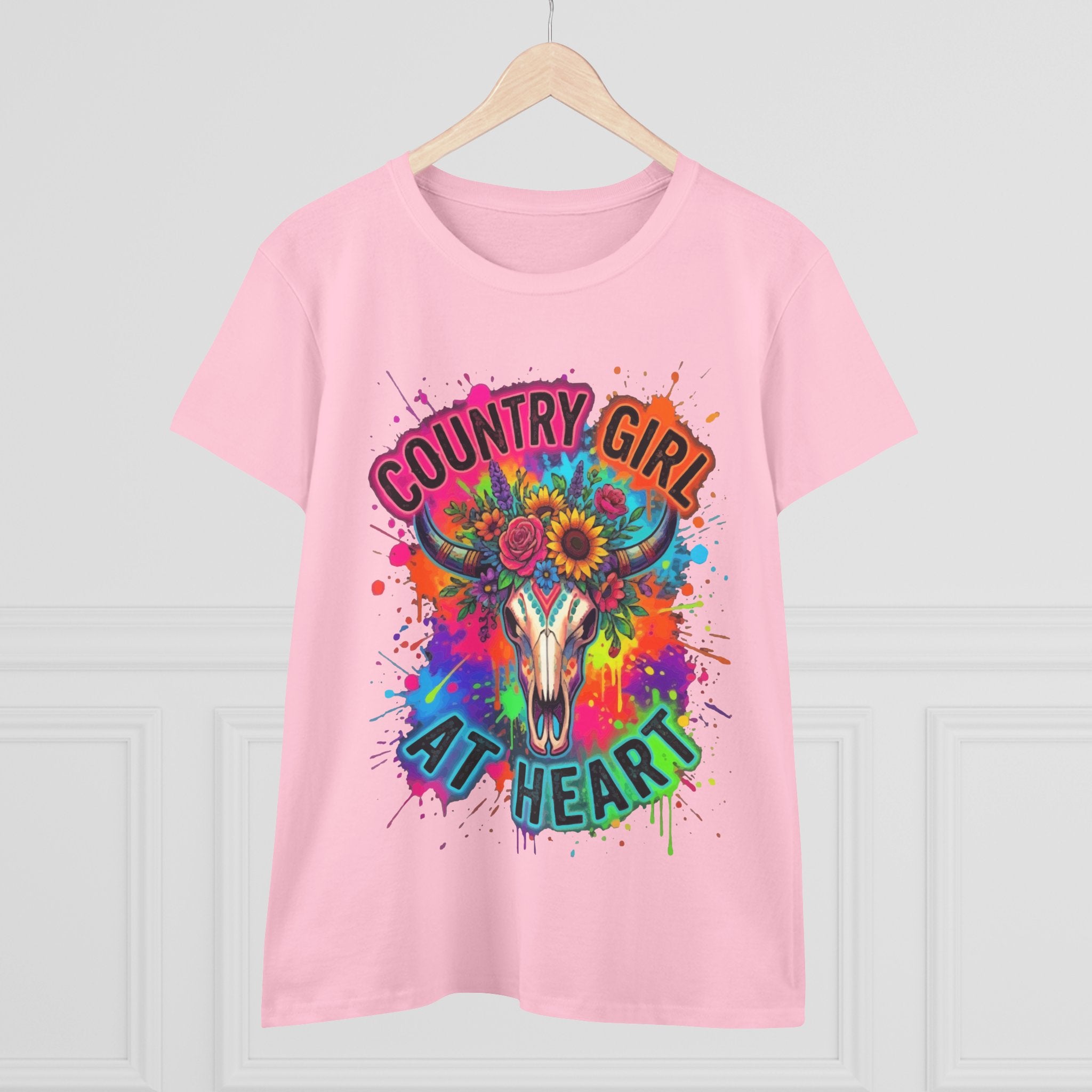 Country Girl At Heart Tee — Colorful Floral Cow Skull Women's T‑Shirt