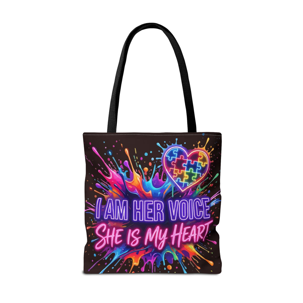 Autism Awareness Tote Bag - "I Am Her Voice, She Is My Heart" Colorful Puzzle Heart Carryall
