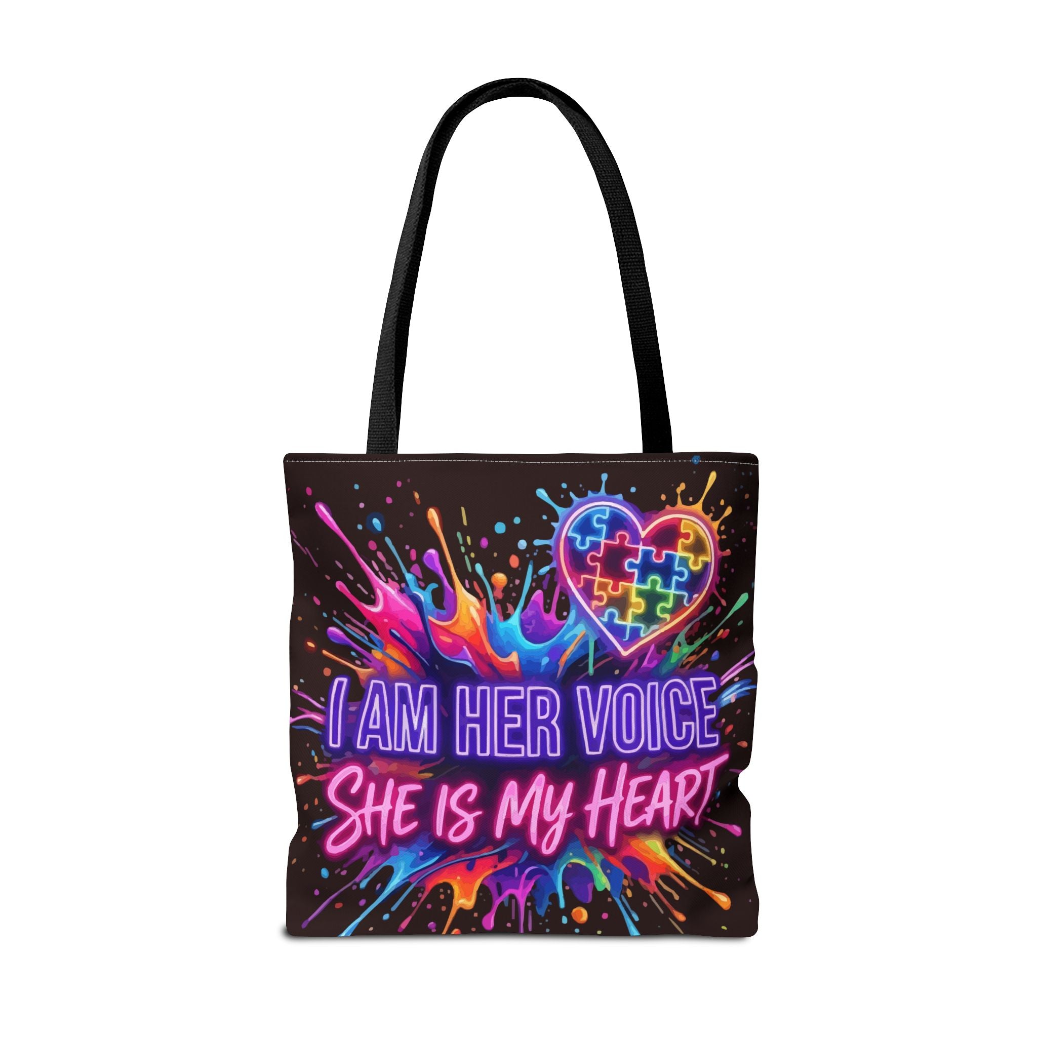 Autism Awareness Tote Bag - "I Am Her Voice, She Is My Heart" Colorful Puzzle Heart Carryall