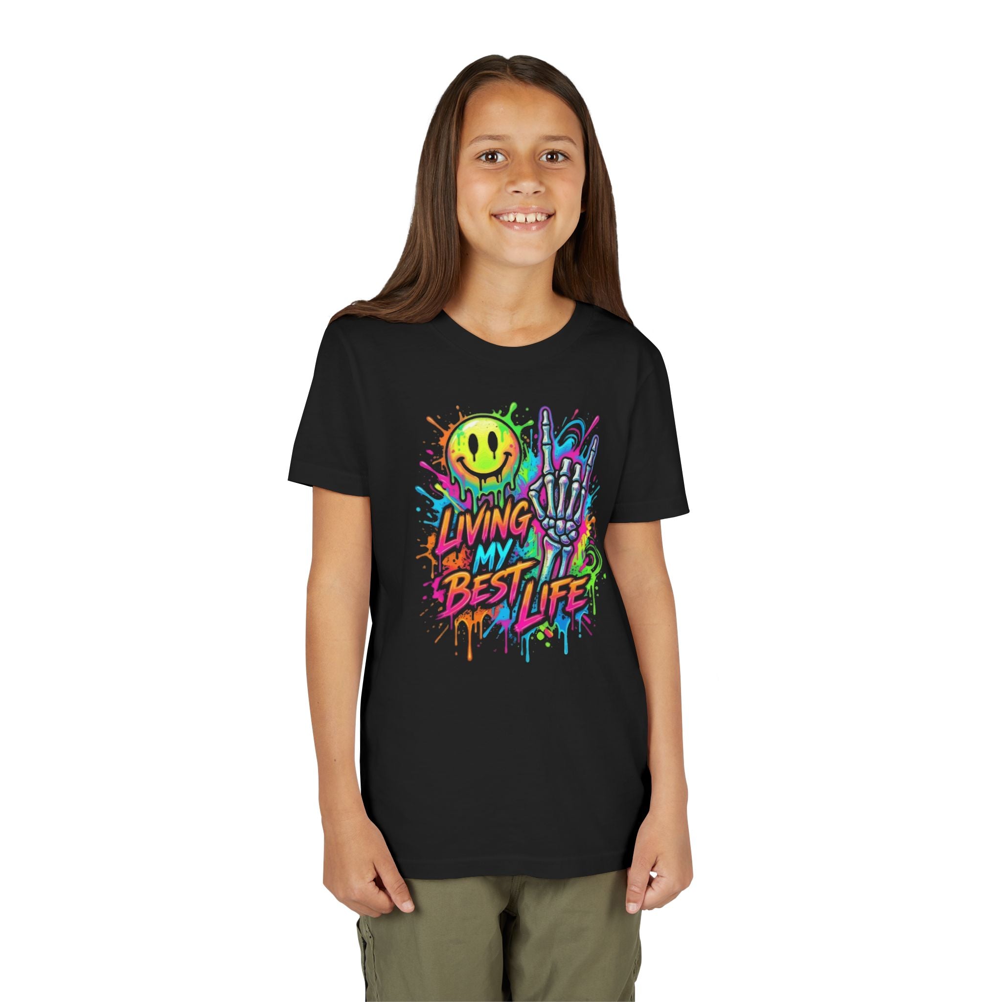 Youth Tee — 'Living My Best Life' Neon Skull Graphic