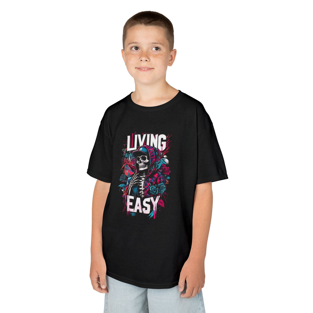 Kids T‑Shirt — 'Living Easy' Skeleton Graphic Tee for Kids, Cool Skull Floral Design