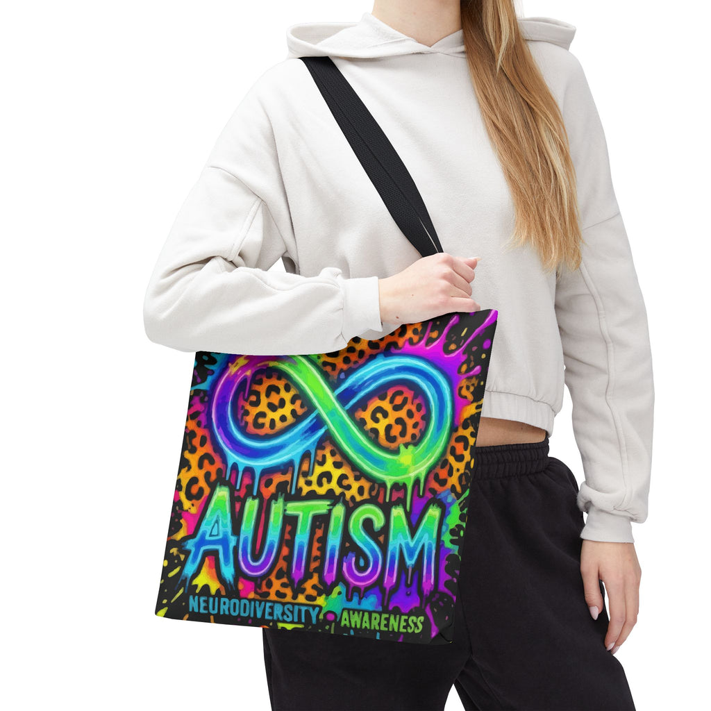 Autism Infinity Symbol Rainbow Leopard Tote Bag — Colorful Neurodiversity Support Tote