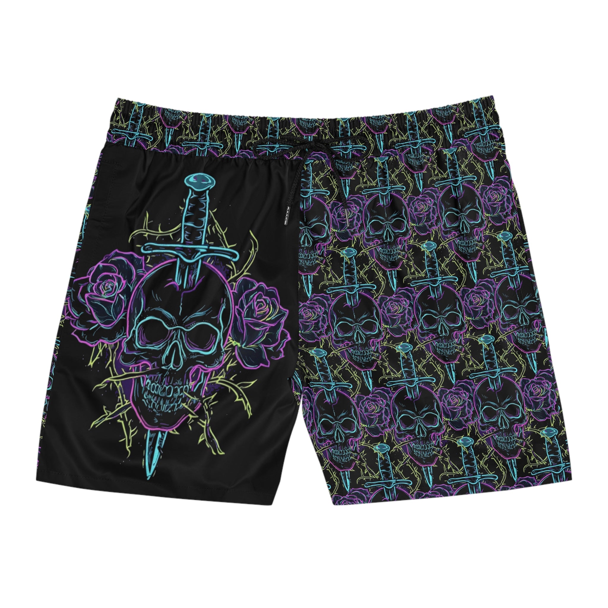 Neon Skull & Dagger Swim Shorts — Gothic Rose Men's Mid-Length Trunks