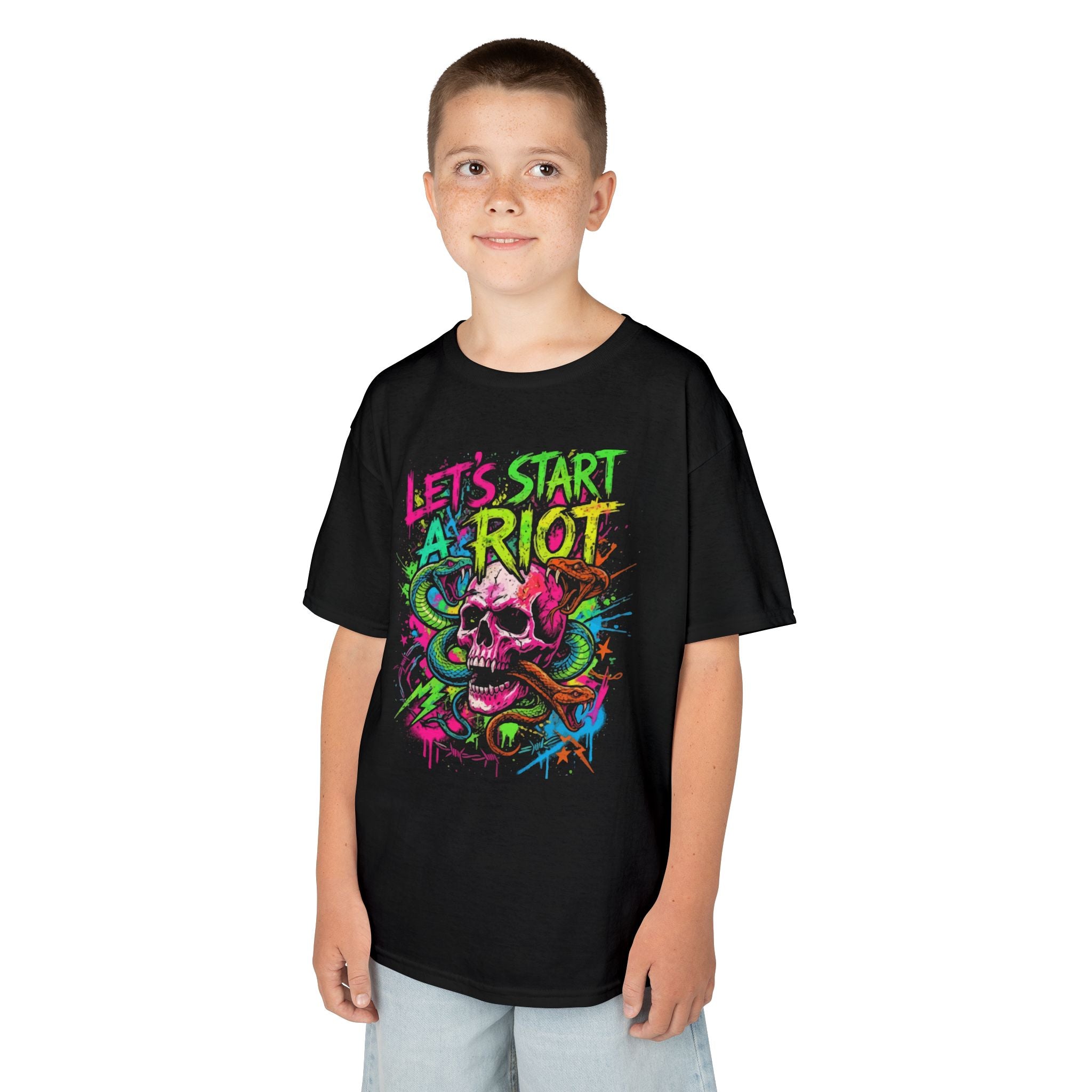 Kids T-Shirt — "Let's Start a Riot" Neon Skull Graphic Tee