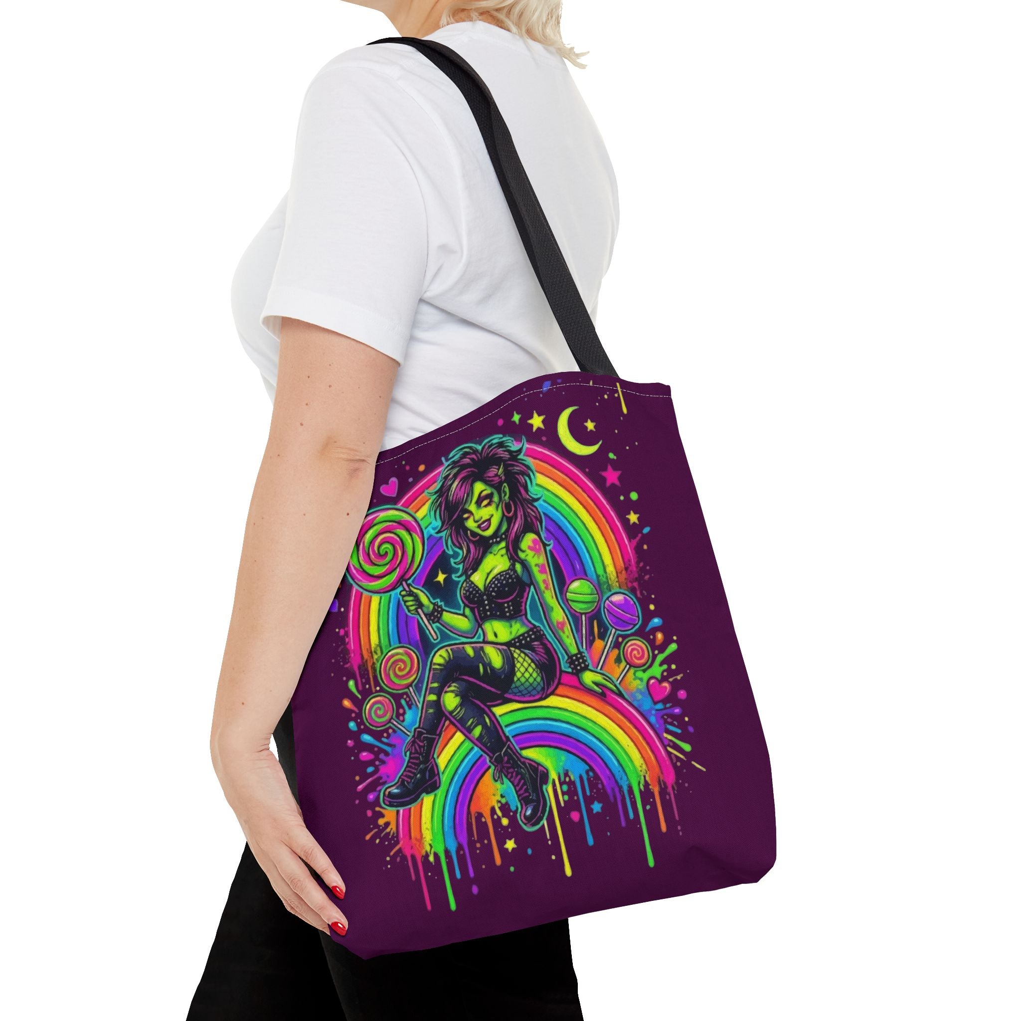 Neon Pinup Witch Rainbow Tote Bag — Candy Goth All-Over Print