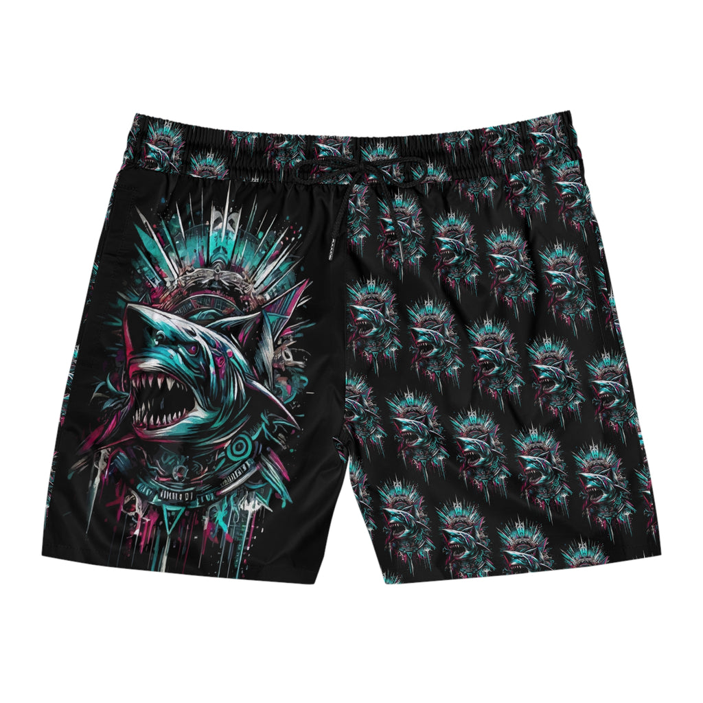 Shark Bite Swim Shorts — Neon Tribal Shark Print Men's Mid-Length Swim Trunks