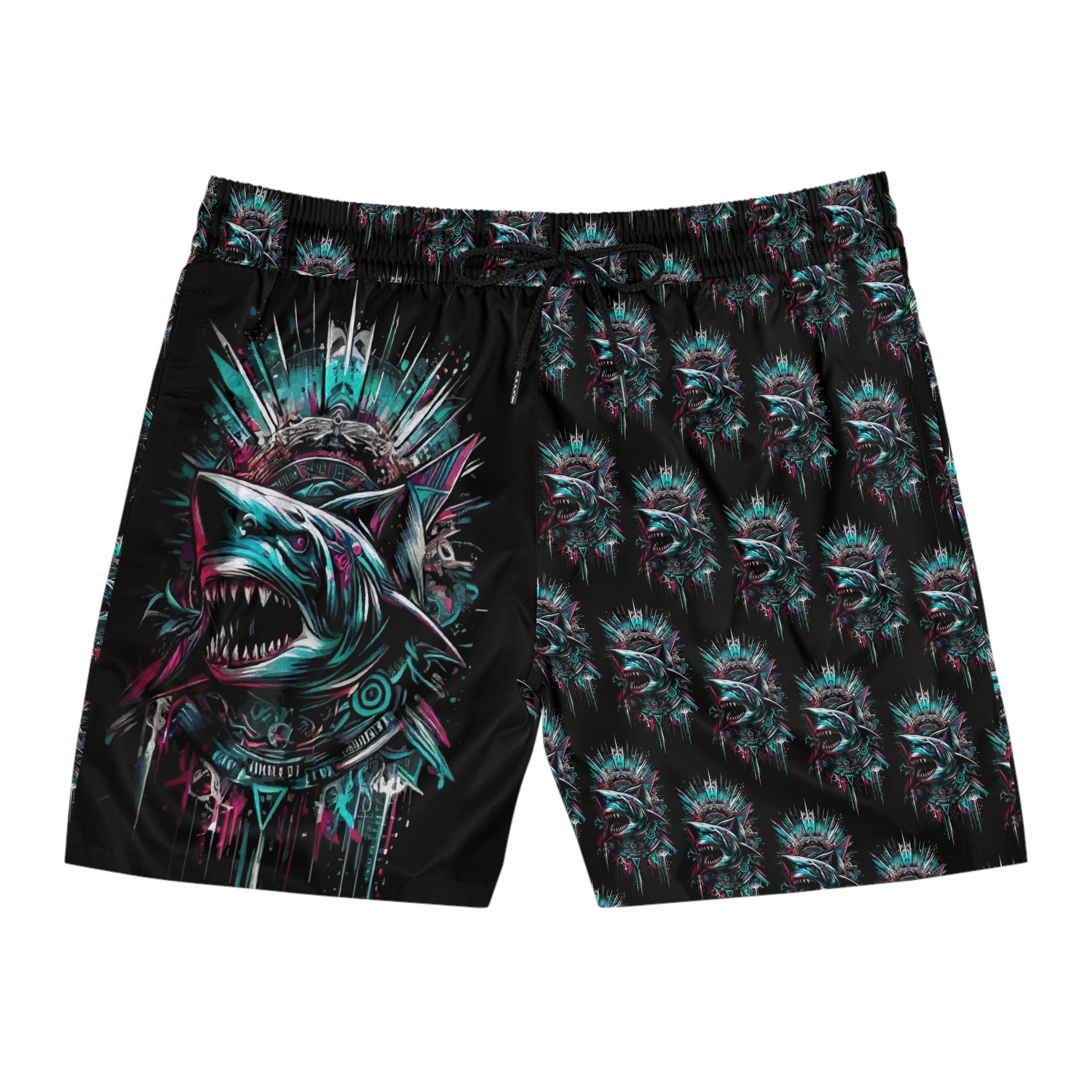 Shark Bite Swim Shorts — Neon Tribal Shark Print Men's Mid-Length Swim Trunks