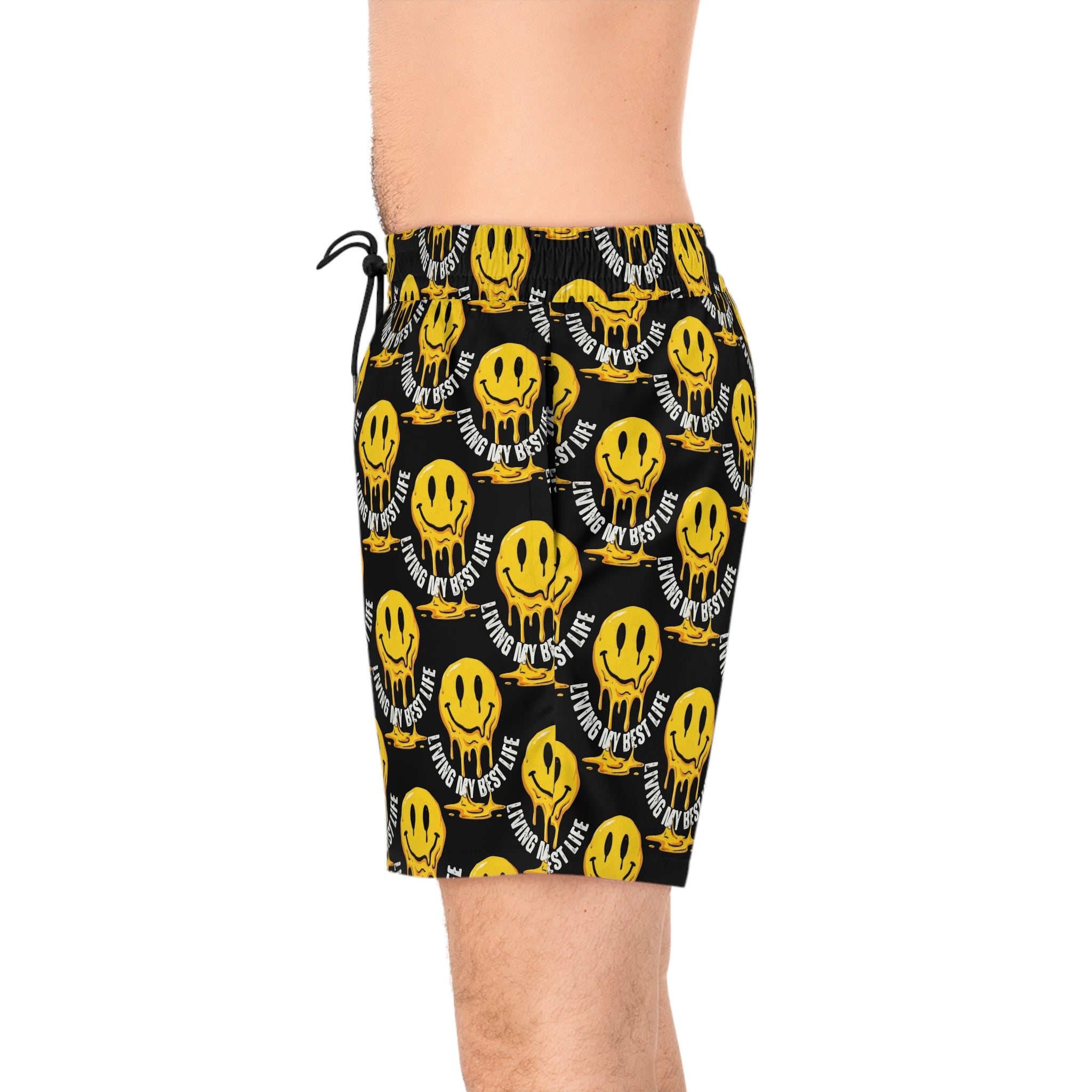Men's Swim Shorts — Yellow Melting Smiley "Living My Best Life" All-Over Print