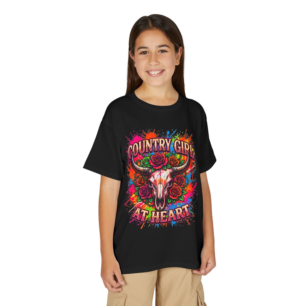 Country Girl At Heart Youth T-Shirt — Colorful Skull & Roses Graphic