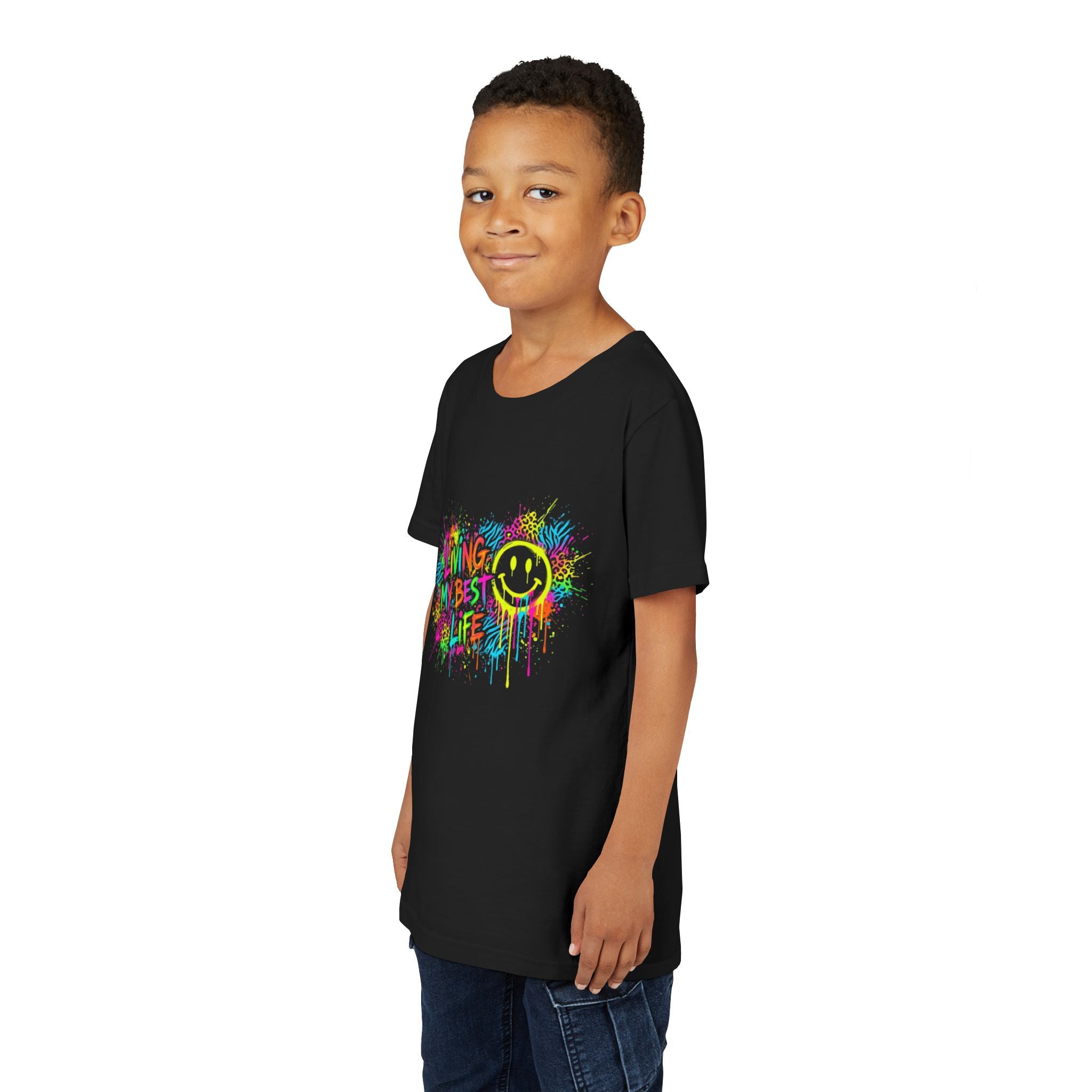 Youth Tee — 'Living My Best Life' Neon Paint Smiley Graphic
