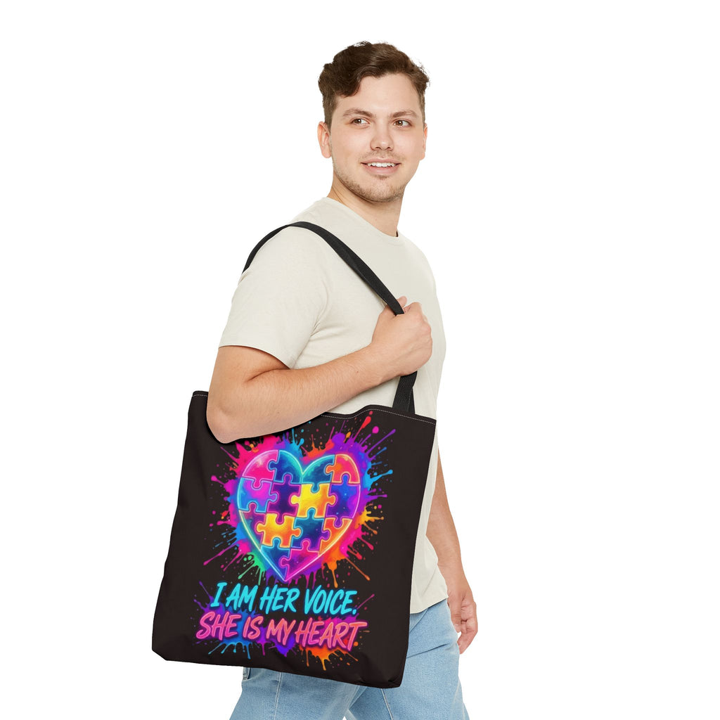 Autism Awareness Heart Tote Bag — "I Am Her Voice, She Is My Heart" Colorful Puzzle Design