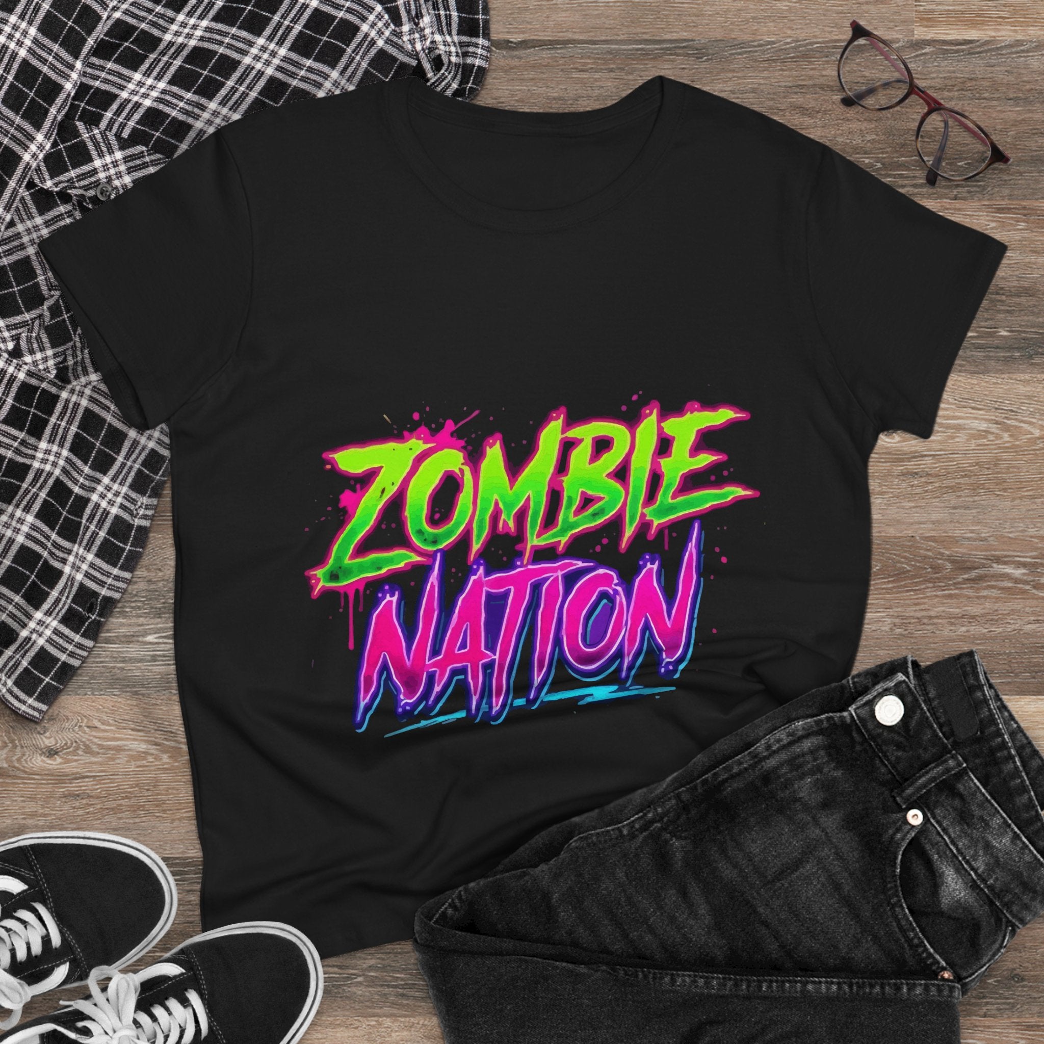 Zombie Nation Tee — Neon Retro Zombie Graphic Shirt for Women (Front & Back Print)