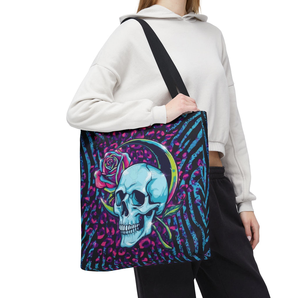 Skull & Rose Tote Bag — Neon Gothic Crescent Moon AOP Tote