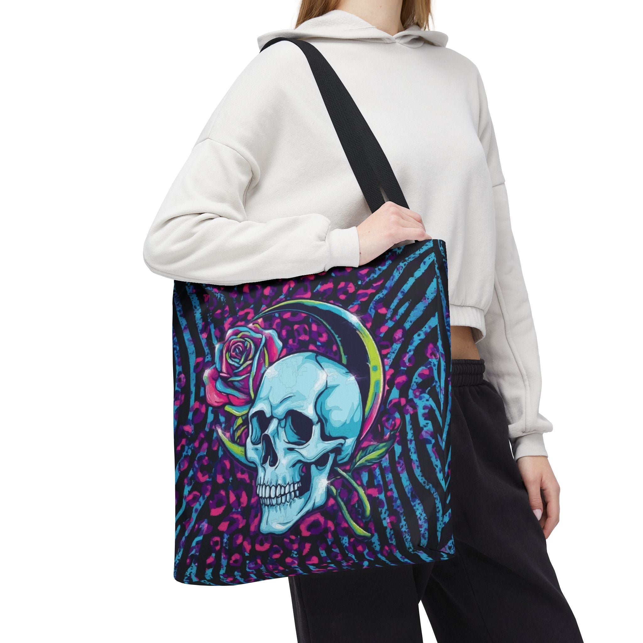 Skull & Rose Tote Bag — Neon Gothic Crescent Moon AOP Tote