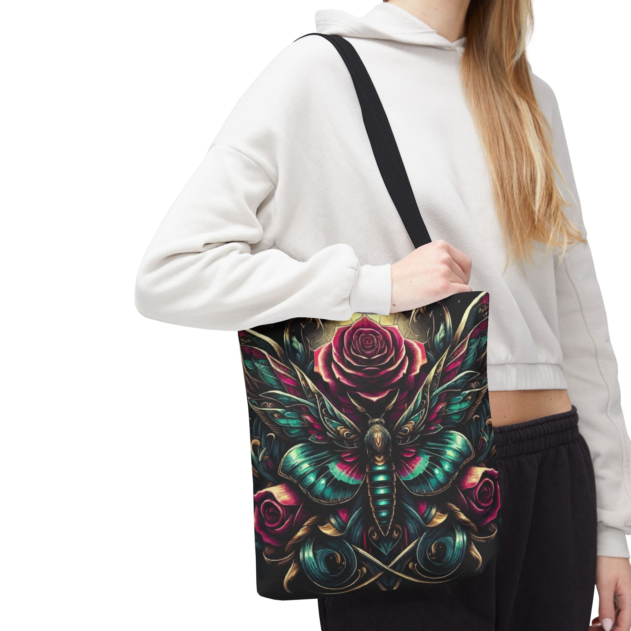 Moth & Rose All-Over-Print Tote Bag — Gothic Floral Boho Market Tote