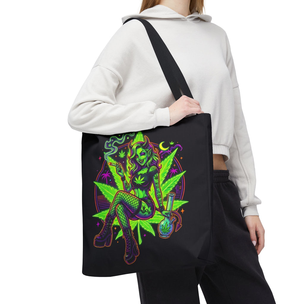 Psychedelic Witch Tote Bag — Neon Cannabis Pinup All-Over Print