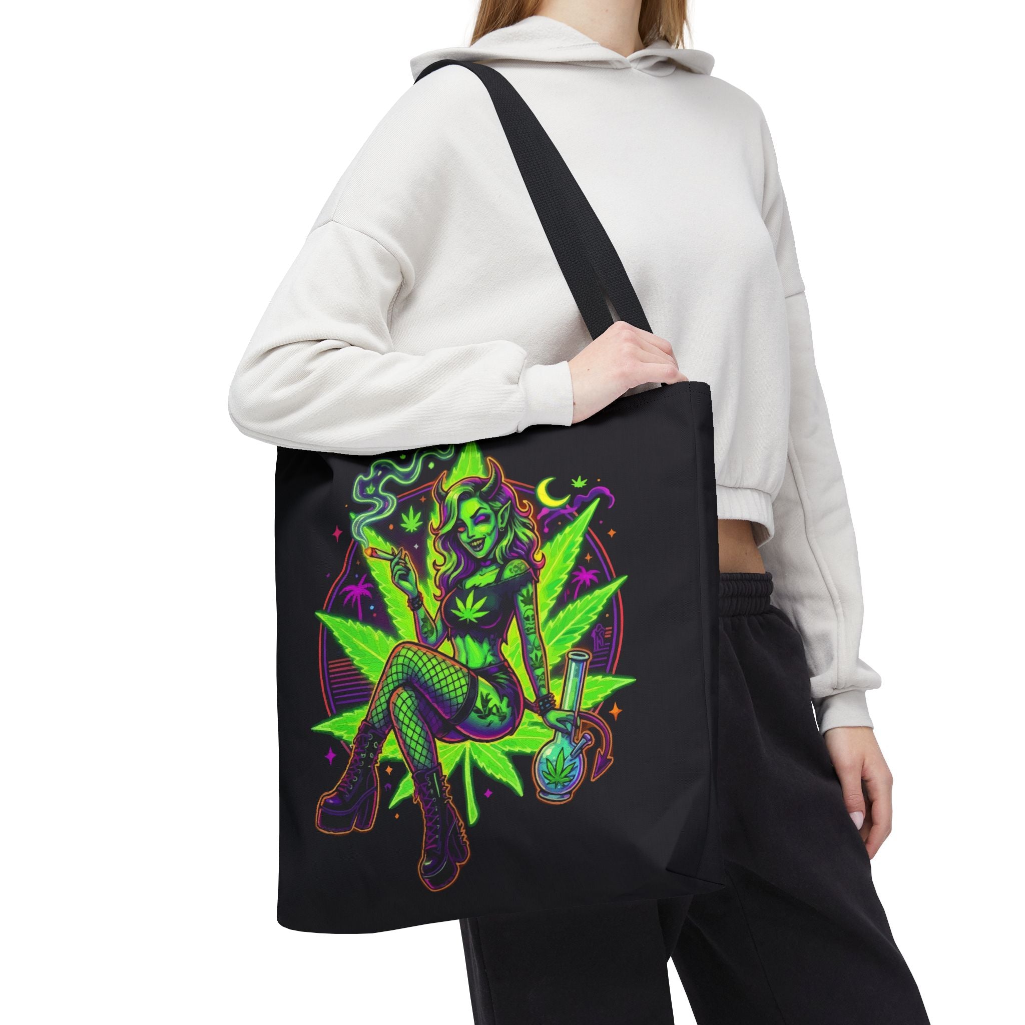 Psychedelic Witch Tote Bag — Neon Cannabis Pinup All-Over Print