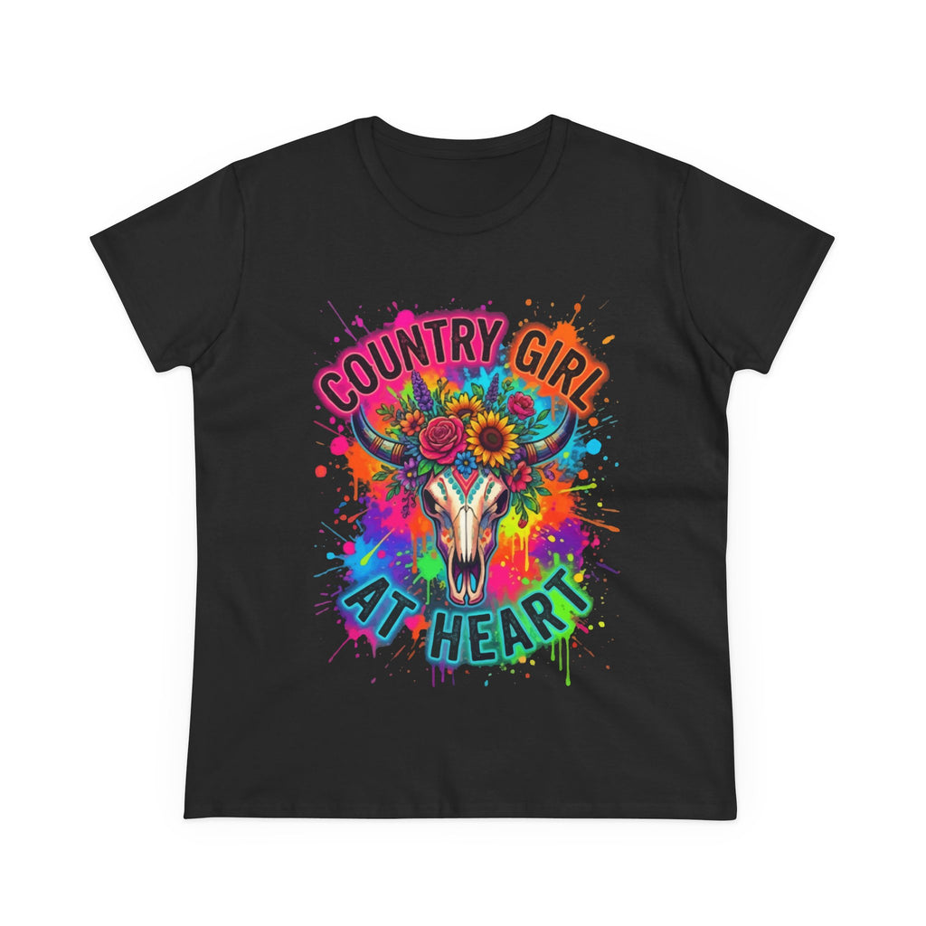 Country Girl At Heart Tee — Colorful Floral Cow Skull Women's T‑Shirt