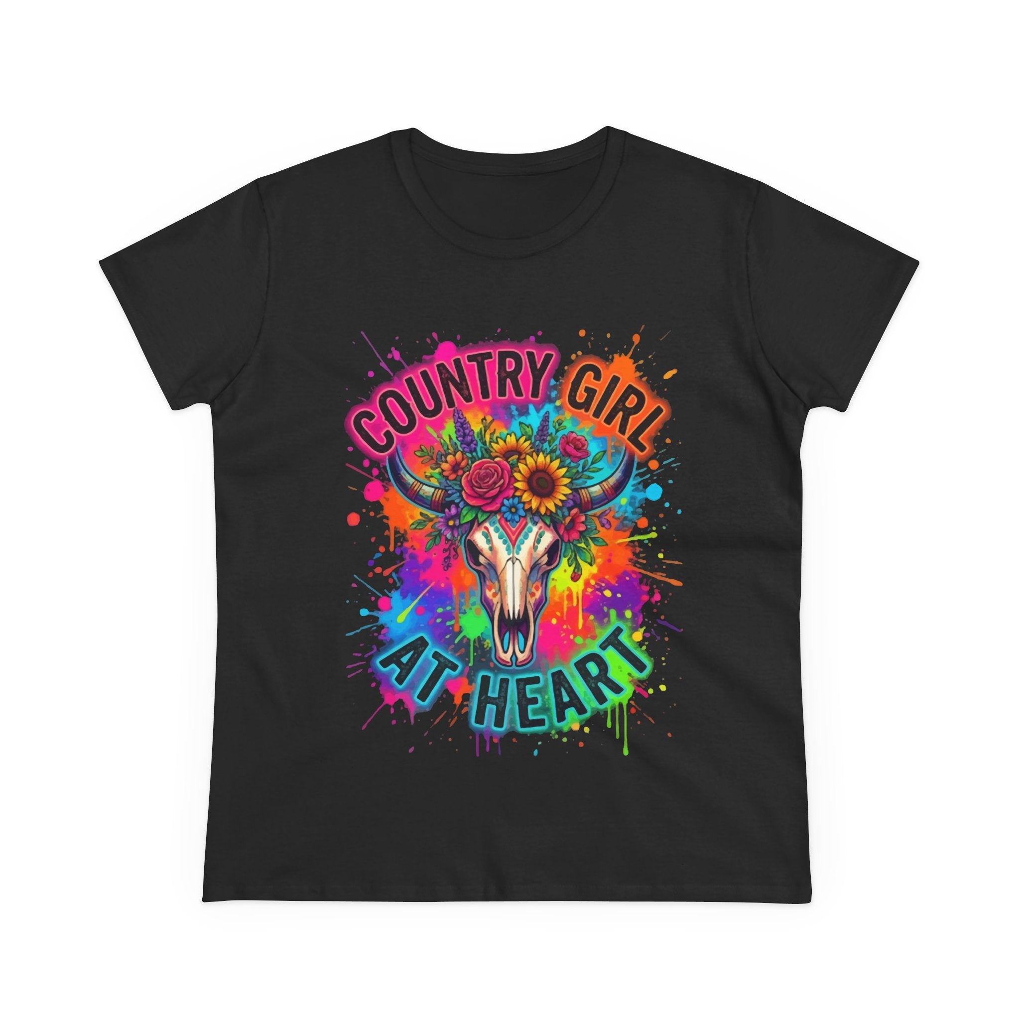Country Girl At Heart Tee — Colorful Floral Cow Skull Women's T‑Shirt