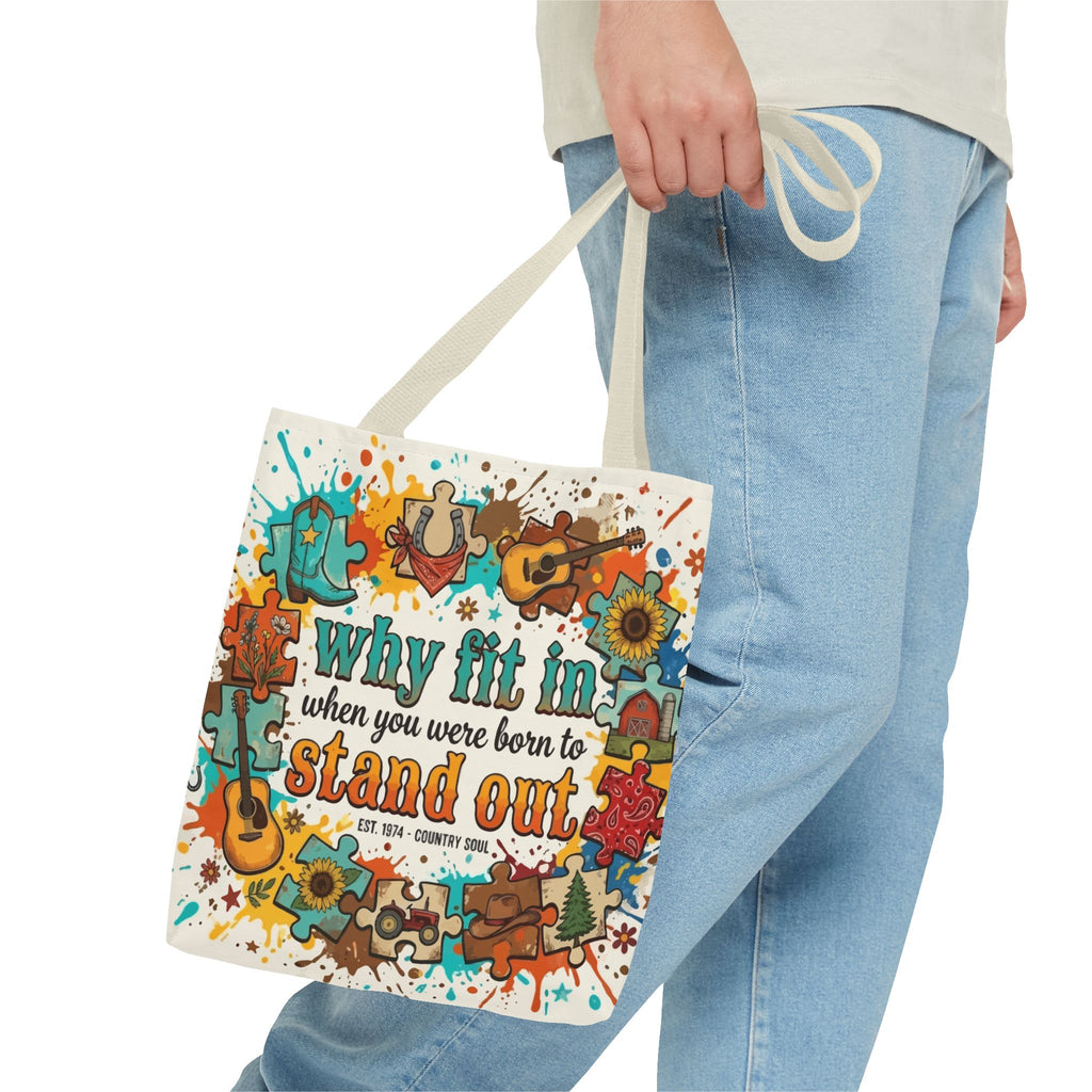 Stand Out Tote Bag — "Why Fit In When You Were Born to Stand Out" Colorful Boho Guitar Design