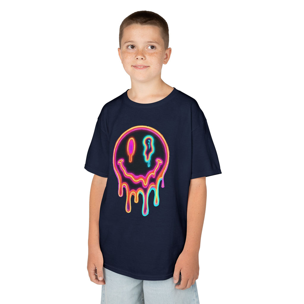 Kids Neon Drip Smiley T-Shirt — Colorful Melting Emoji Tee for Boys & Girls