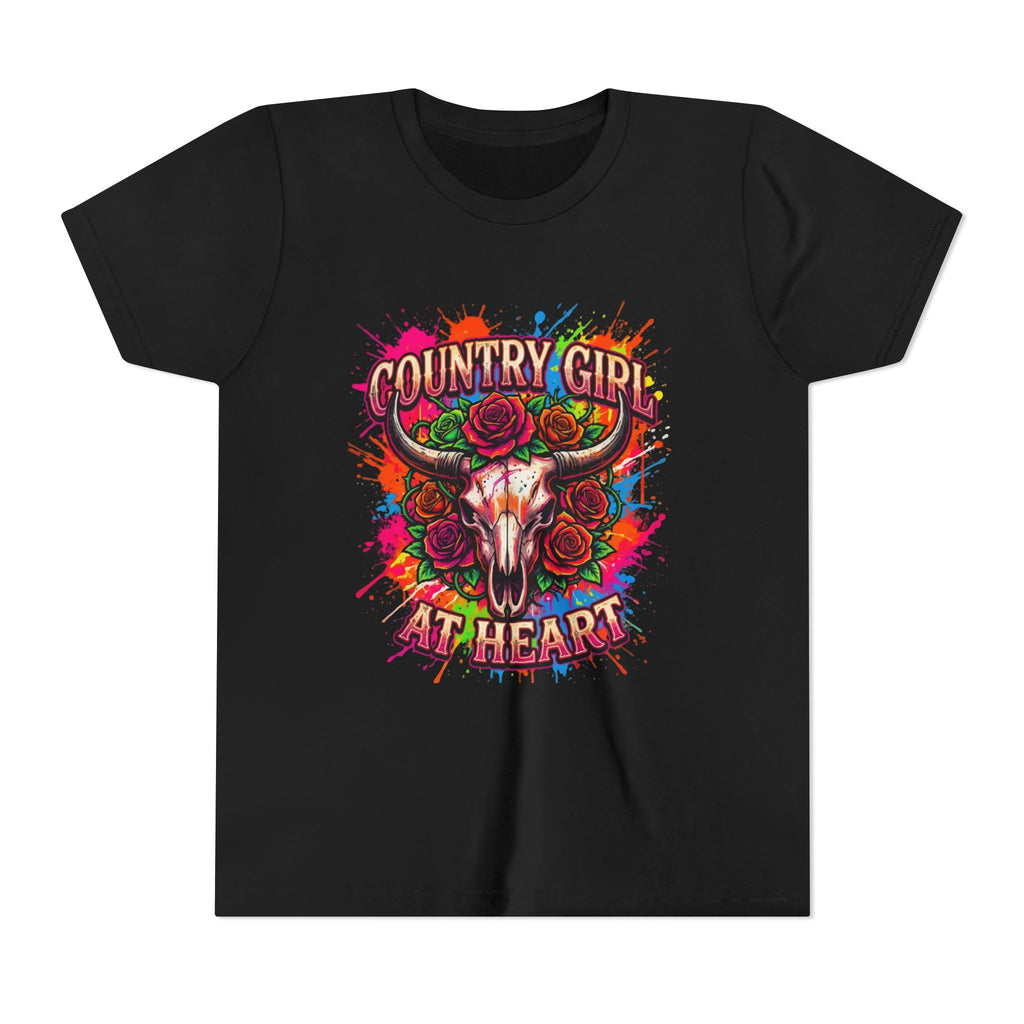 Youth Tee - "Country Girl at Heart" Colorful Bull Skull Graphic