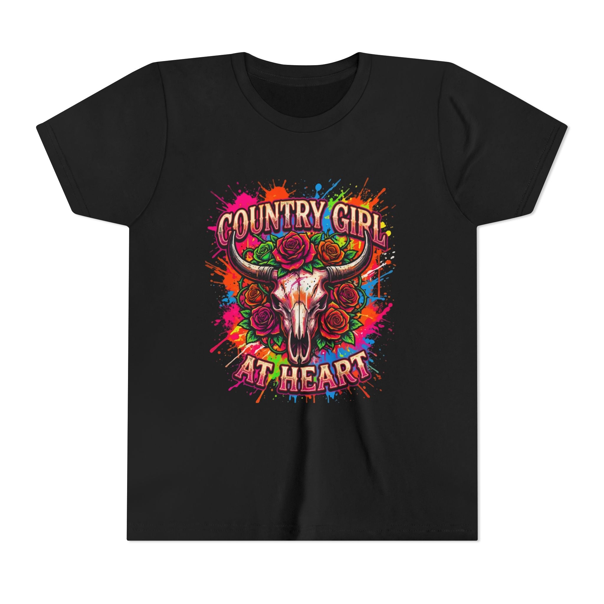 Youth Tee - "Country Girl at Heart" Colorful Bull Skull Graphic
