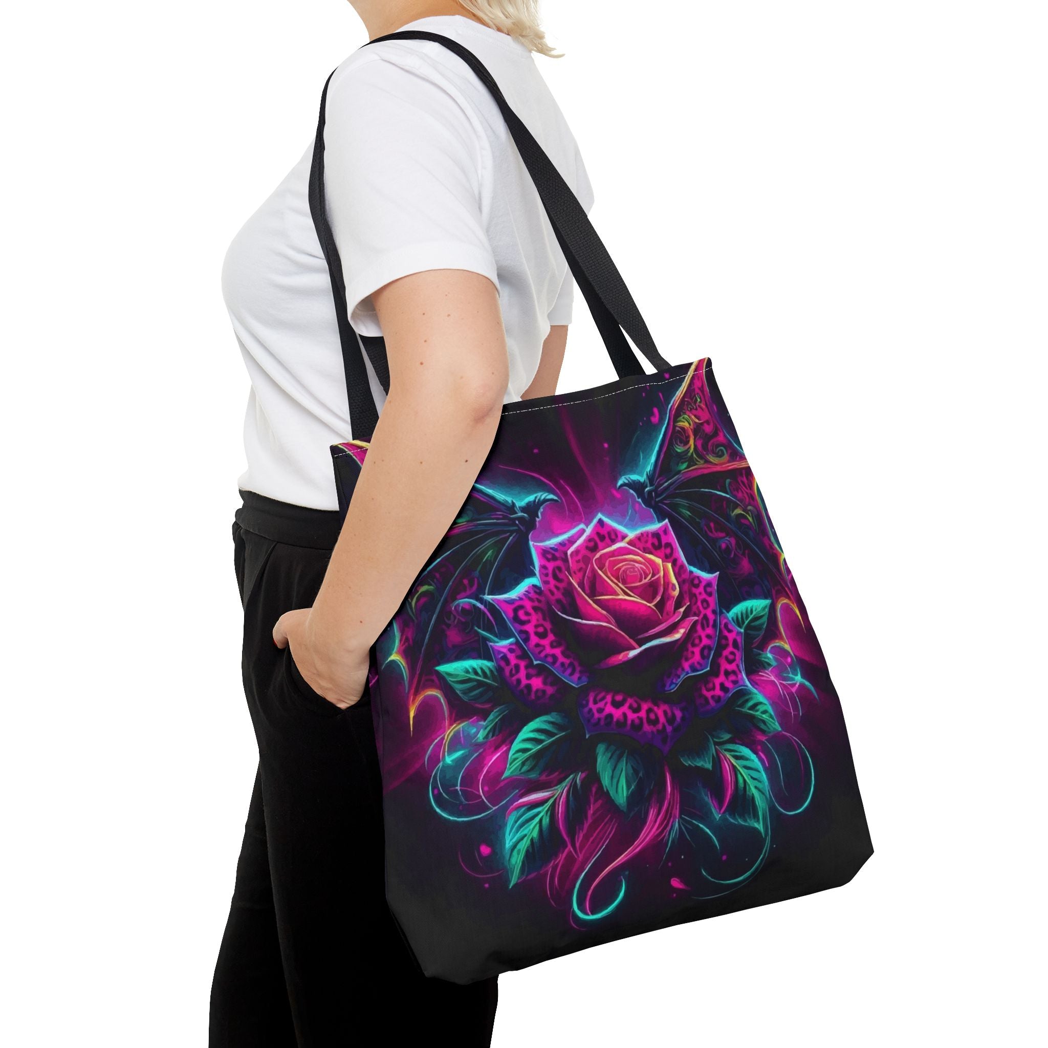 Neon Gothic Rose Tote Bag – Dragon Wings Floral AOP