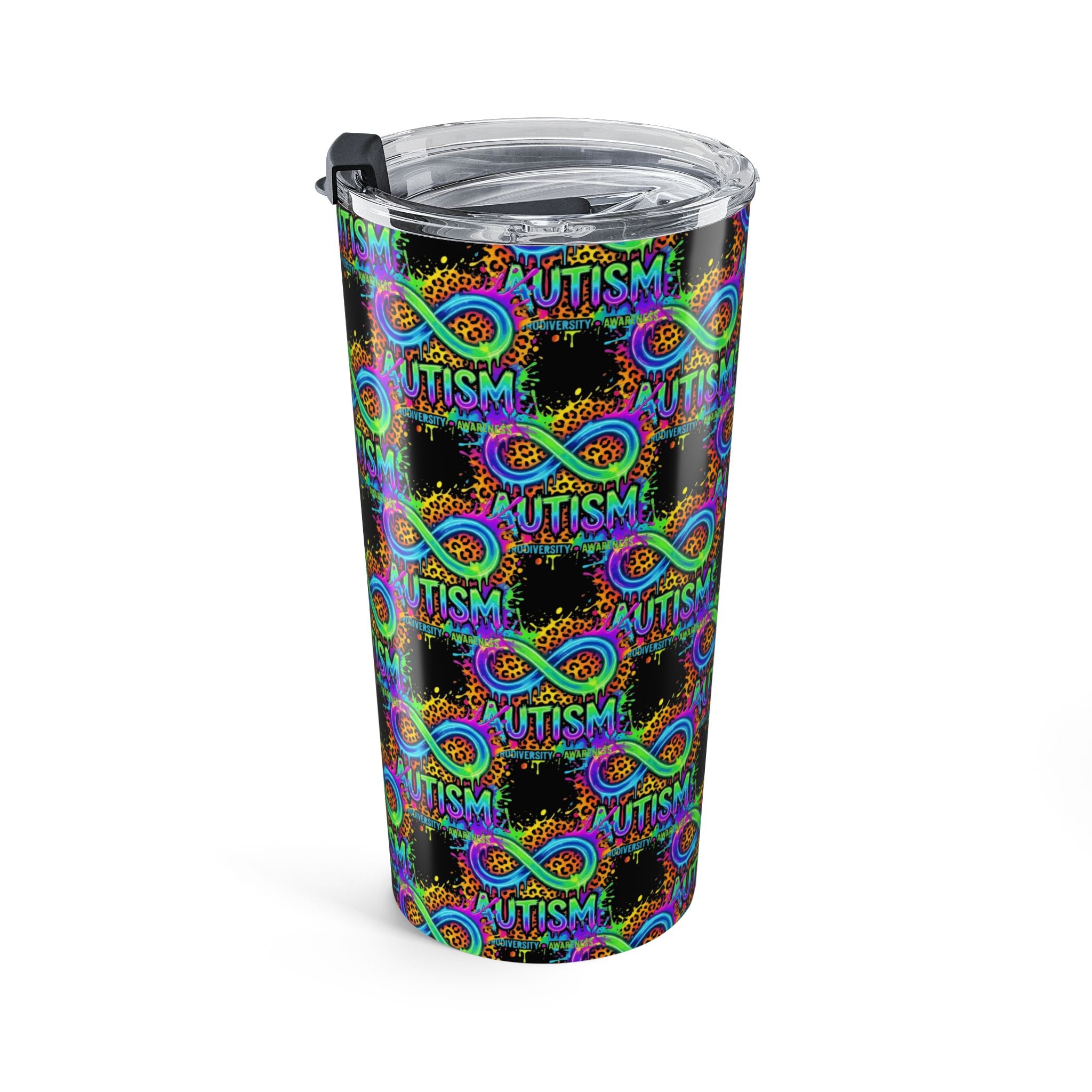 Autism Awareness Infinity 20oz Tumbler — Colorful Puzzle Ribbon Travel Cup