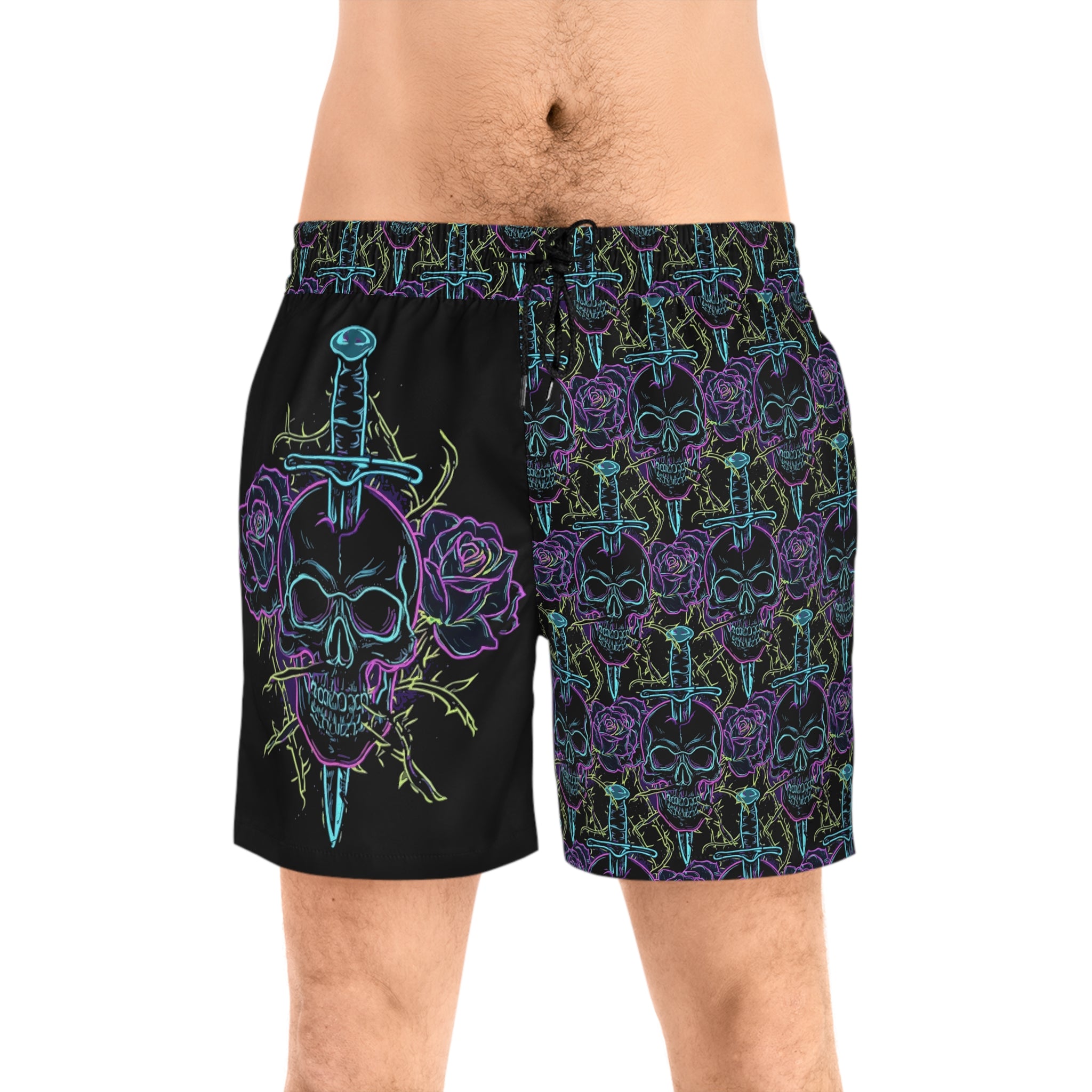 Neon Skull & Dagger Swim Shorts — Gothic Rose Men's Mid-Length Trunks