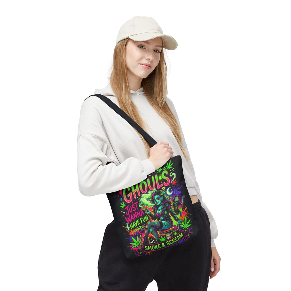 Ghoul's Just Wanna Have Fun Neon Halloween Tote Bag – Spooky Retro Cannabis Art