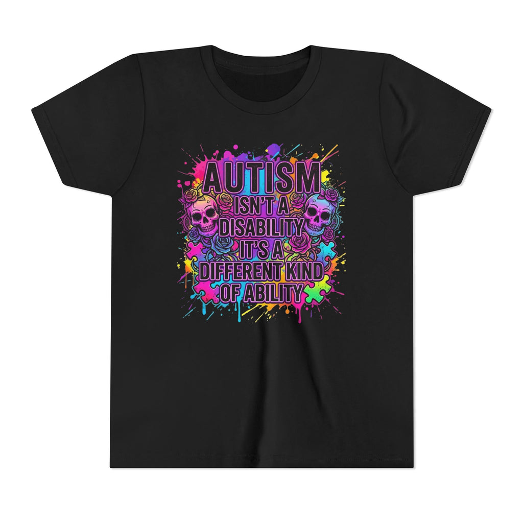 Youth Tee — "Autism Isn't a Disability, It's a Different Kind of Ability" Colorful Skull Design
