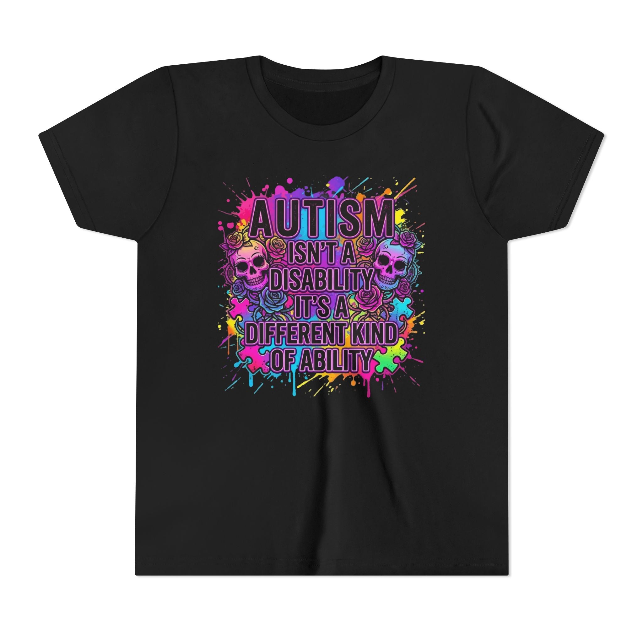 Youth Tee — "Autism Isn't a Disability, It's a Different Kind of Ability" Colorful Skull Design