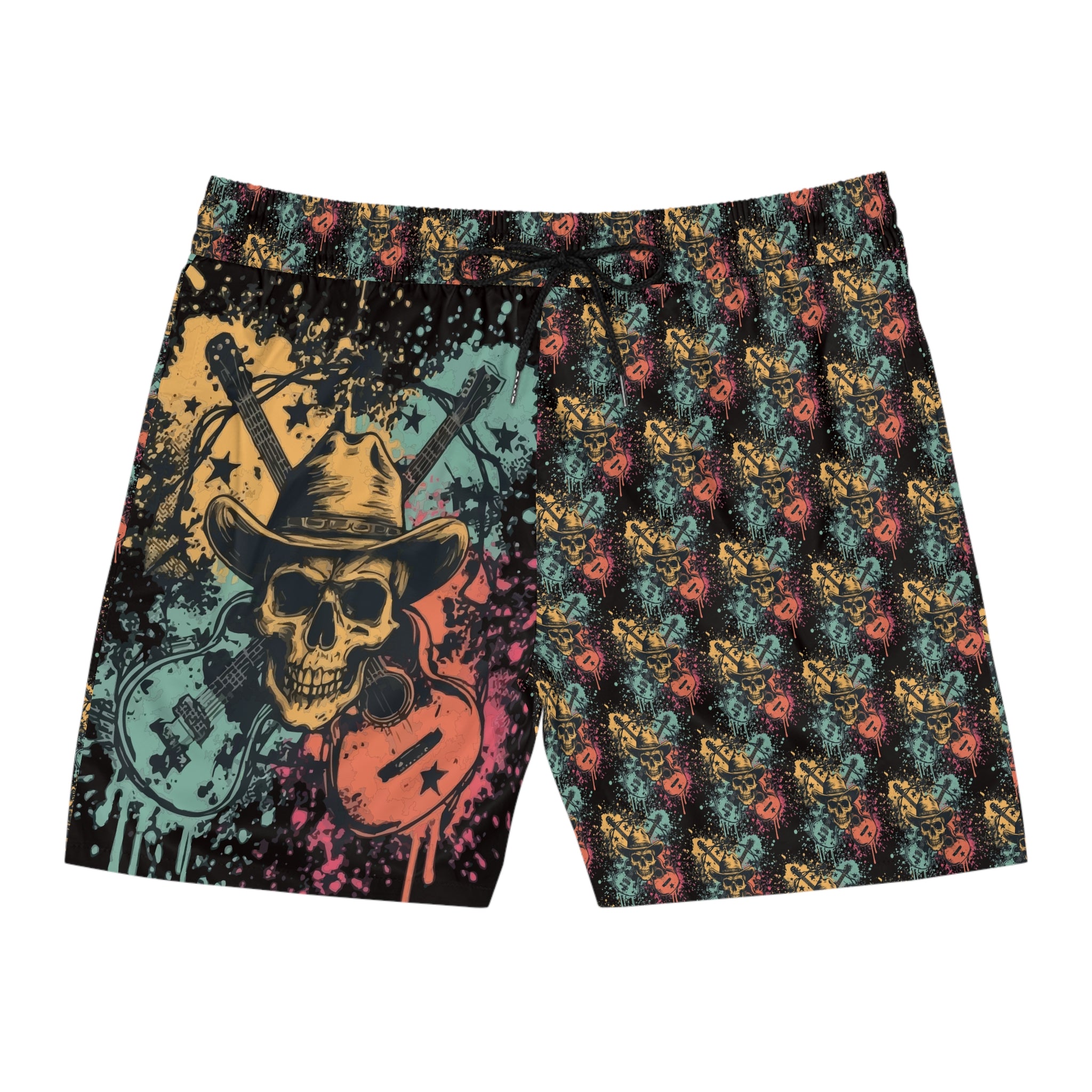 Skull Cowboy Swim Shorts — Retro Guitar Beach Trunks