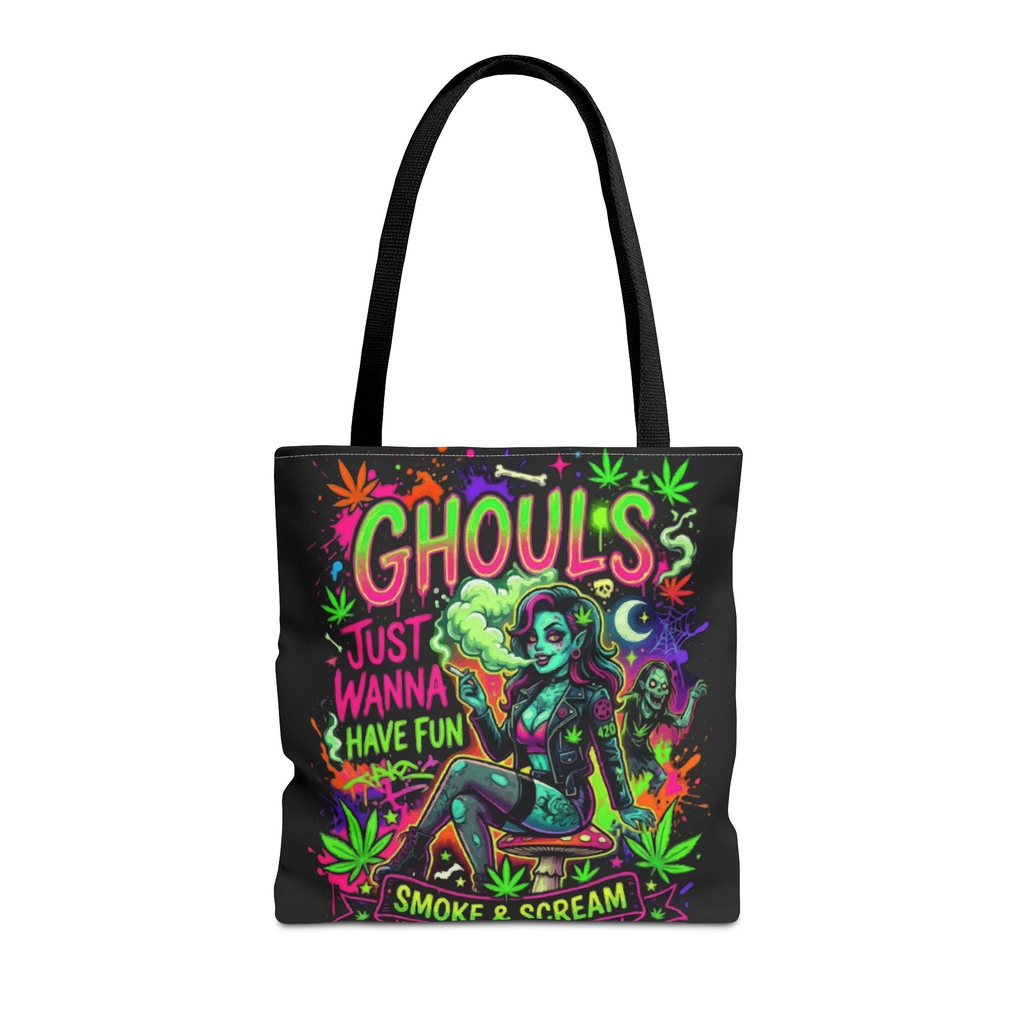 Ghoul's Just Wanna Have Fun Neon Halloween Tote Bag – Spooky Retro Cannabis Art