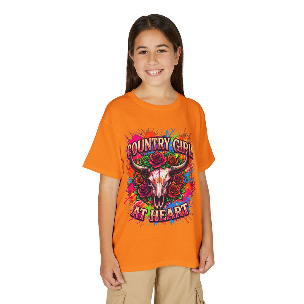 Country Girl At Heart Youth T-Shirt — Colorful Skull & Roses Graphic