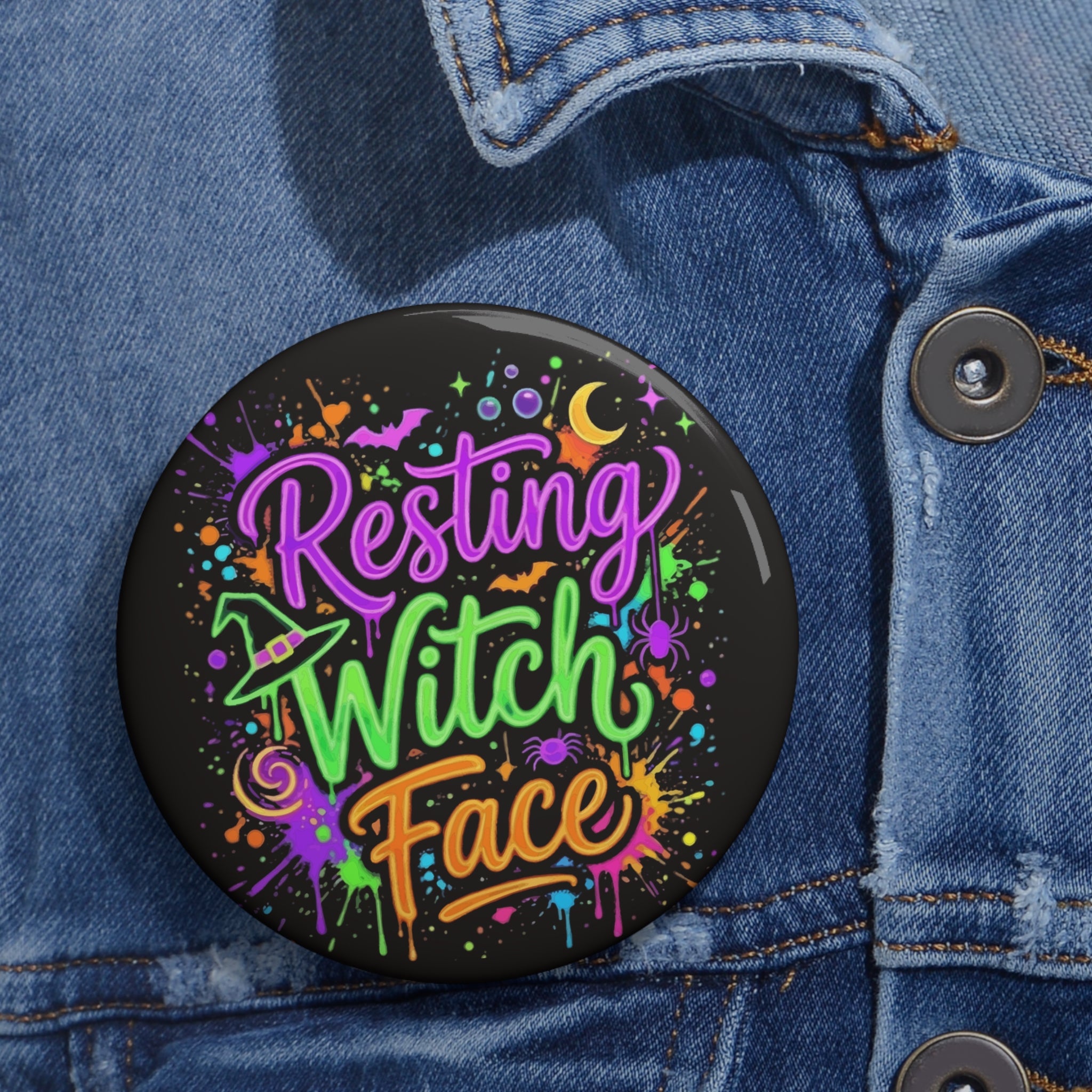 Resting Witch Face Pin Button — Colorful Halloween Witchy Badge
