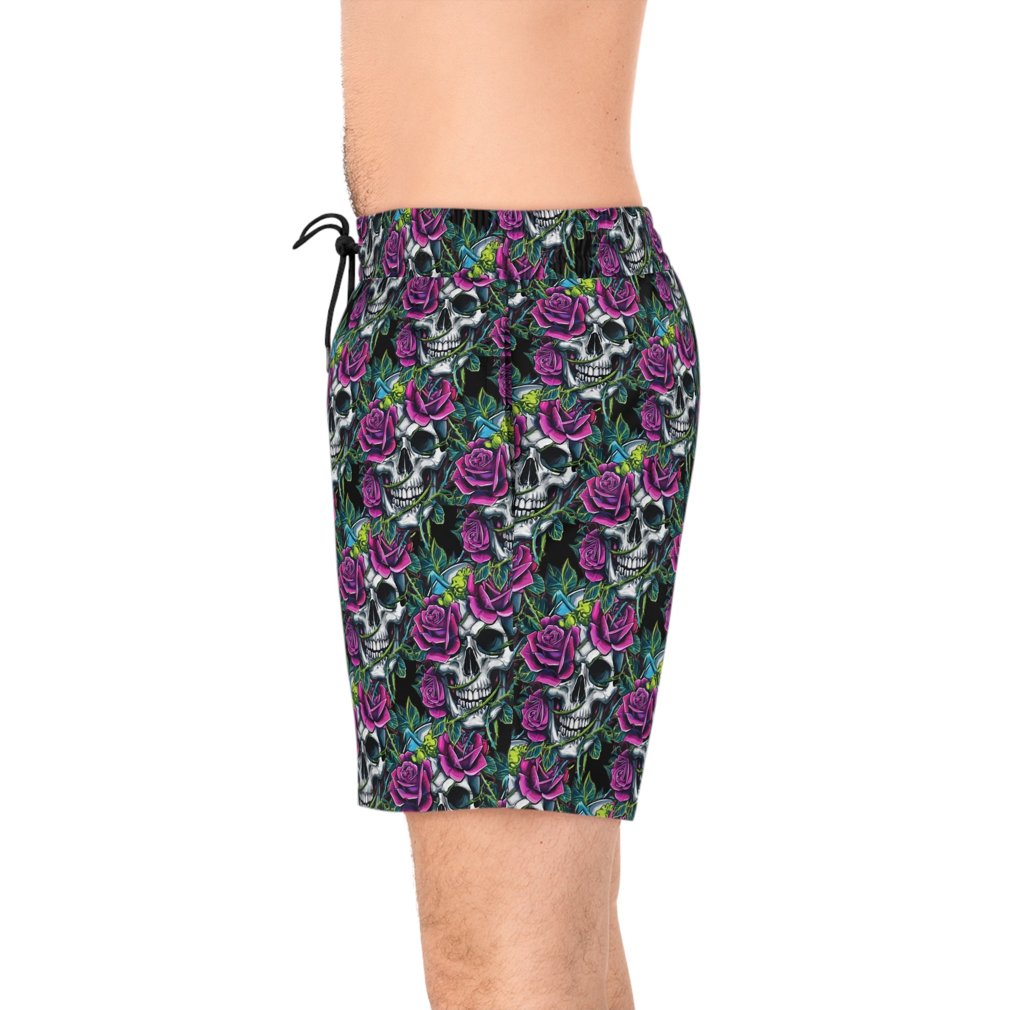 Men's Skull & Roses Swim Shorts — Purple Rose Skeleton Beach Trunks