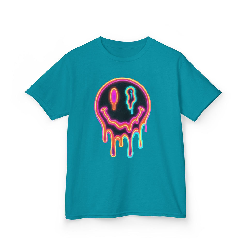 Kids Neon Drip Smiley T-Shirt — Colorful Melting Emoji Tee for Boys & Girls