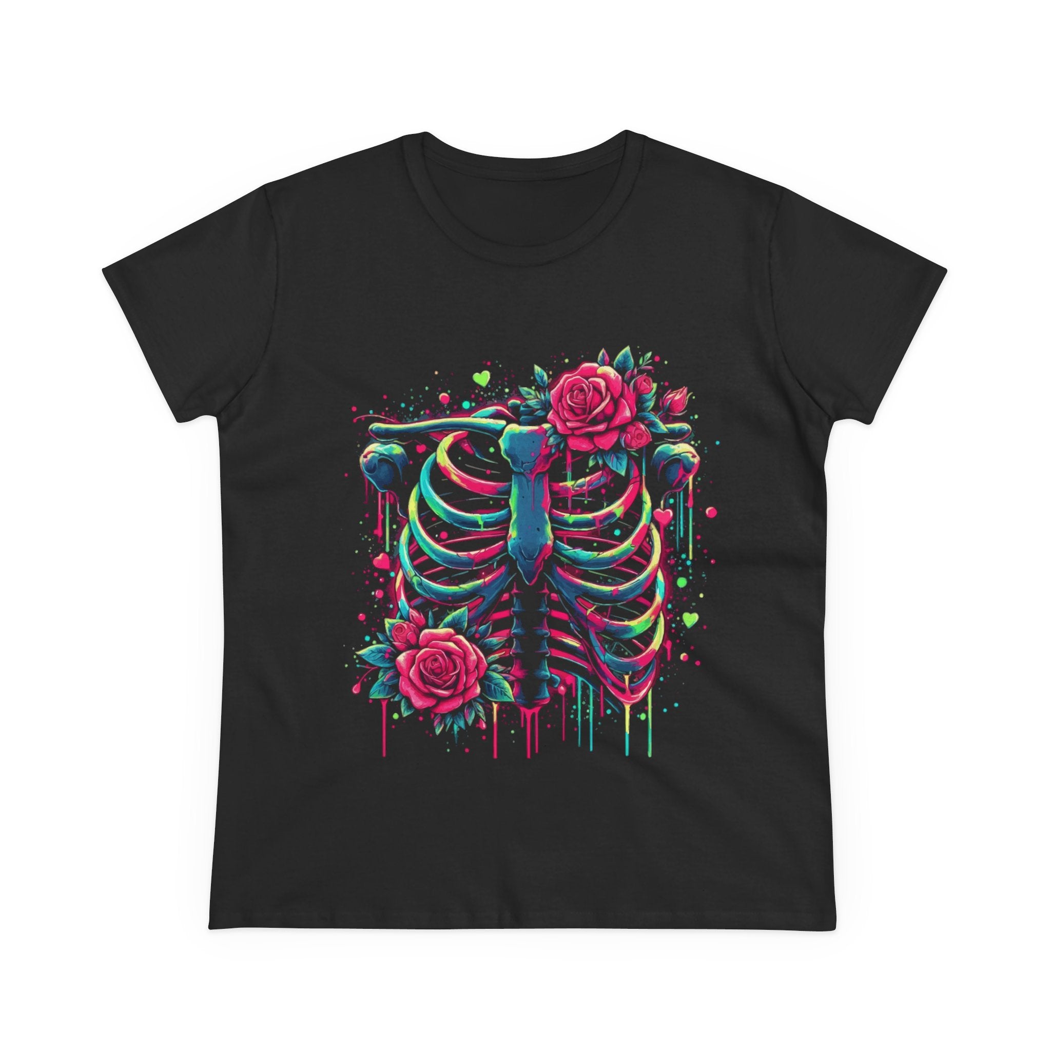 Women's Tee — Neon Ribcage with Roses Graphic