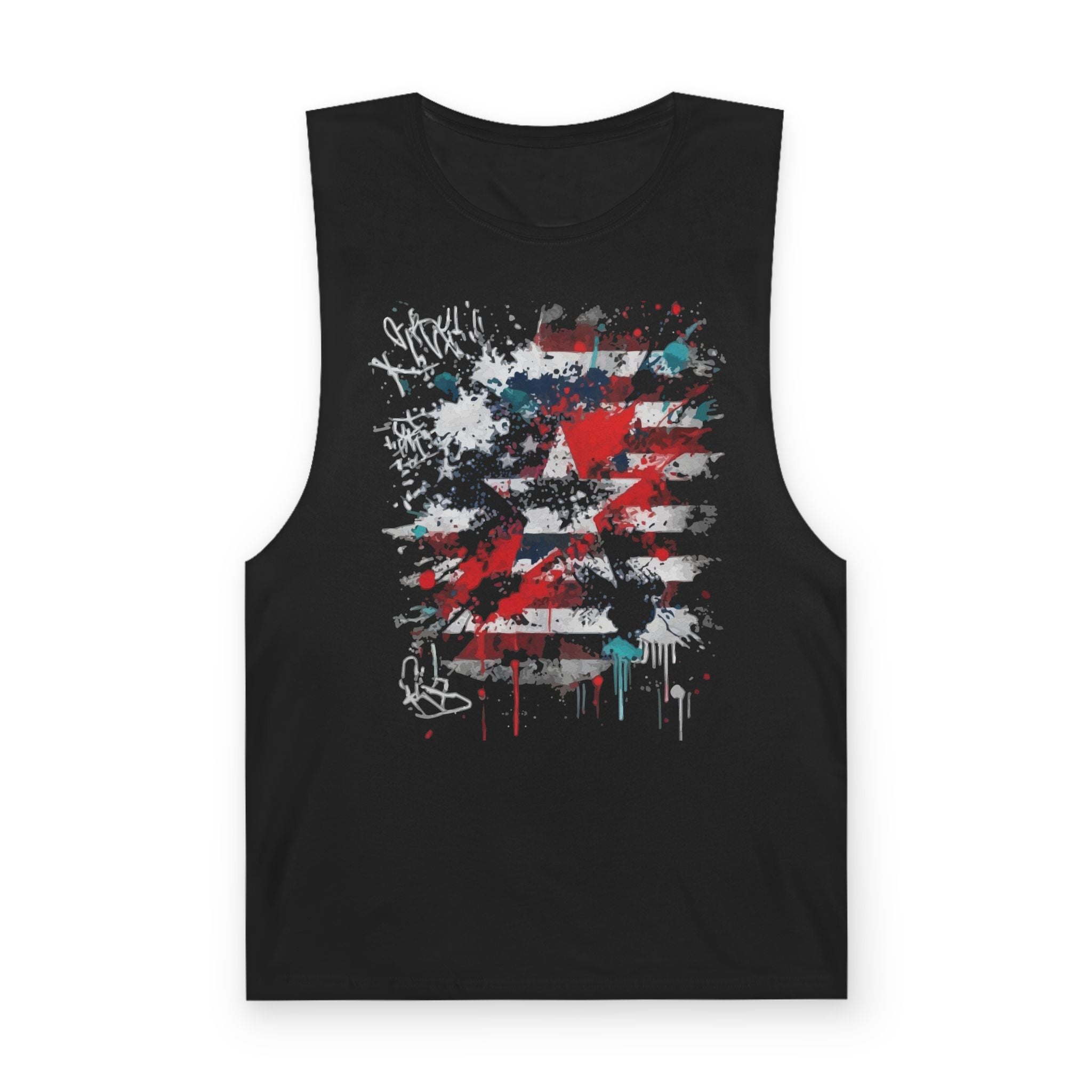 American Flag Graffiti Tank Top — Distressed Patriotic Sleeveless Shirt