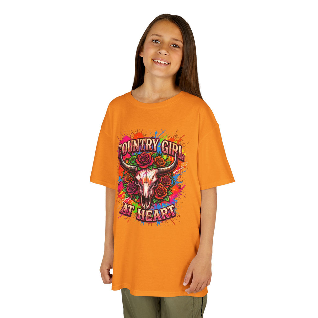 Kids T-Shirt — "Country Girl at Heart" Colorful Cow Skull Tee