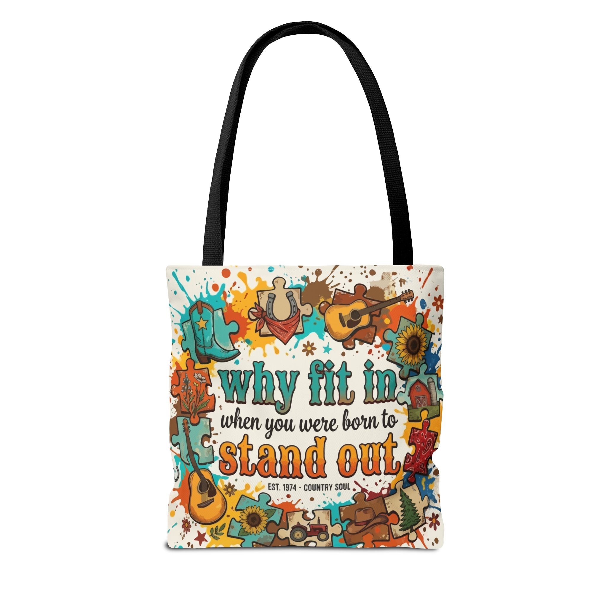 Stand Out Tote Bag — "Why Fit In When You Were Born to Stand Out" Colorful Boho Guitar Design