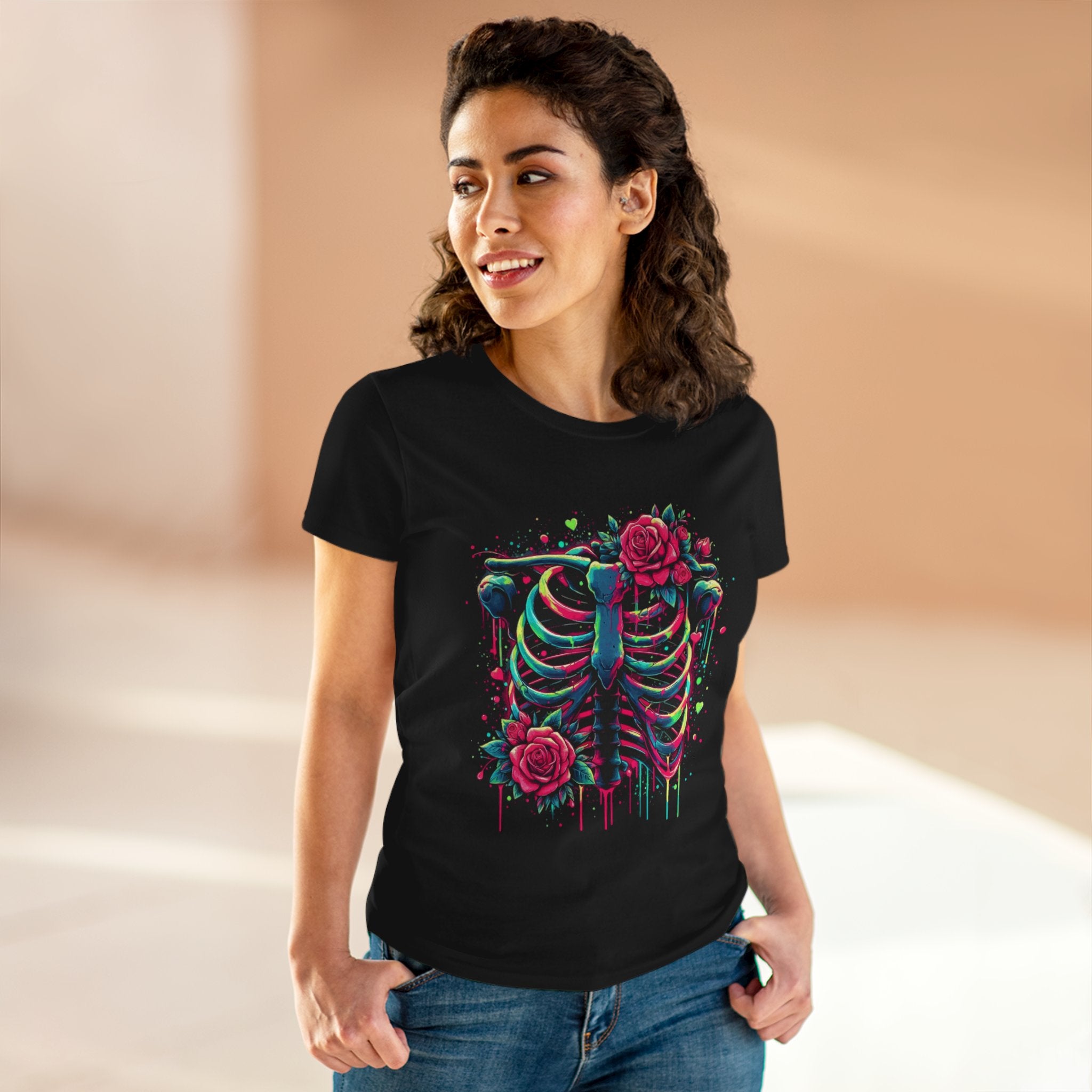 Women's Tee — Neon Ribcage with Roses Graphic