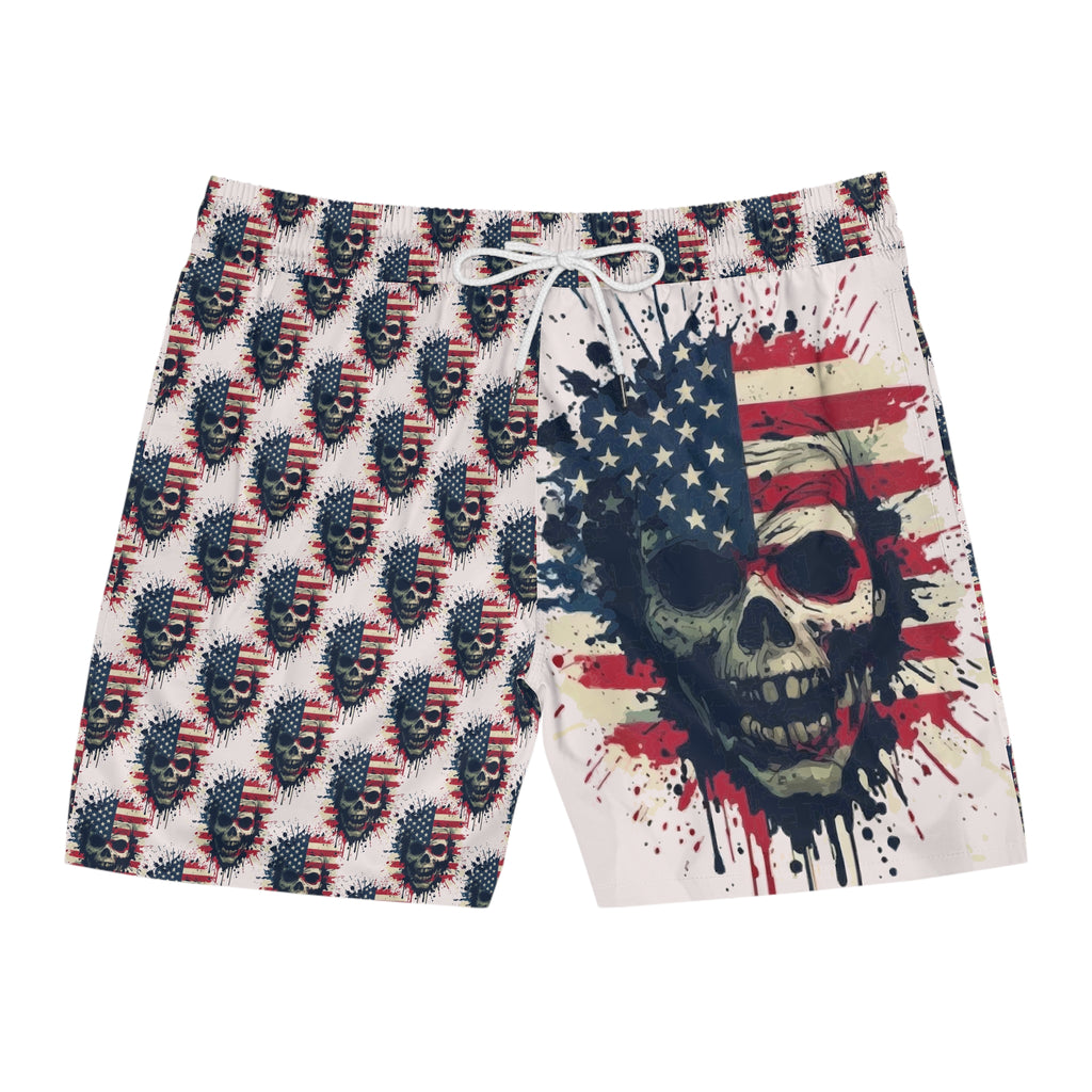 American Flag Skull Swim Shorts — Patriotic Gothic Men's Mid-Length Boardshorts