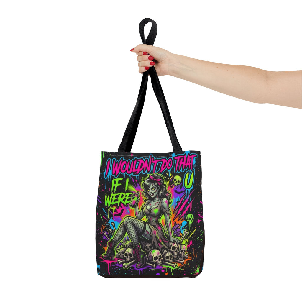 Zombie Pin-Up Tote Bag — "I Wouldn't Do That If I Were U" Neon Horror Graphic