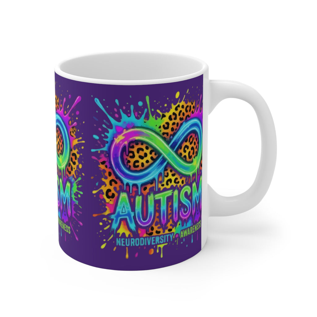 Autism Neurodiversity Awareness Mug — Rainbow Infinity Leopard Design (11oz)