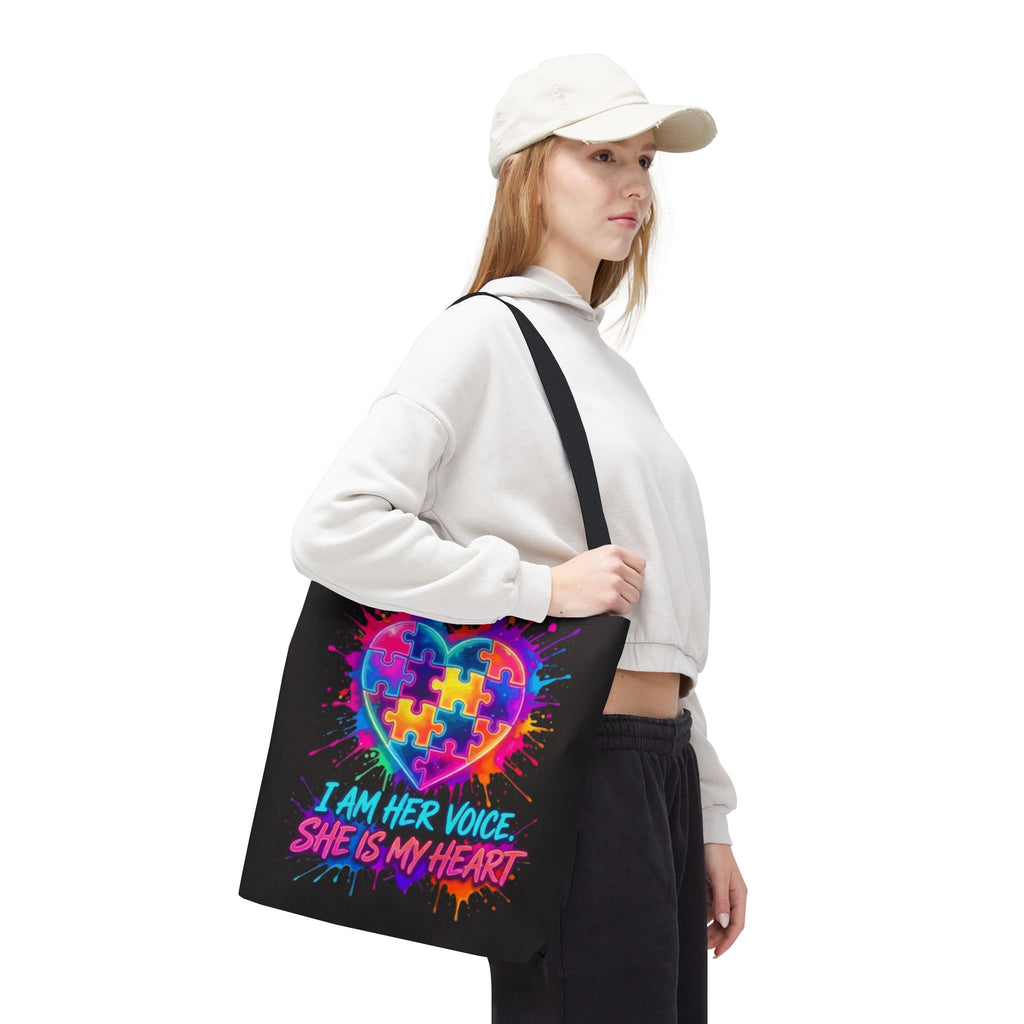 Autism Awareness Heart Tote Bag — "I Am Her Voice, She Is My Heart" Colorful Puzzle Design