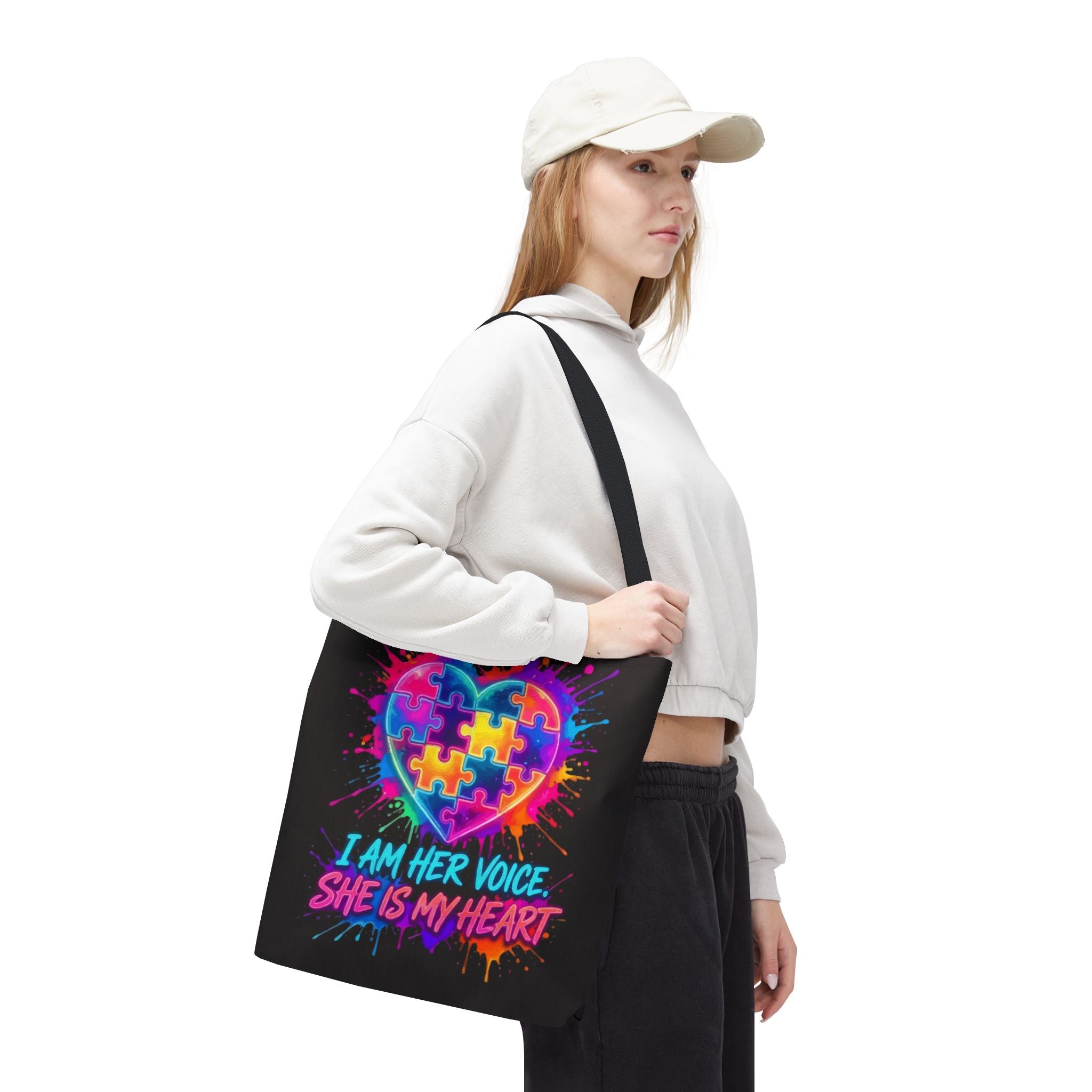 Autism Awareness Heart Tote Bag — "I Am Her Voice, She Is My Heart" Colorful Puzzle Design
